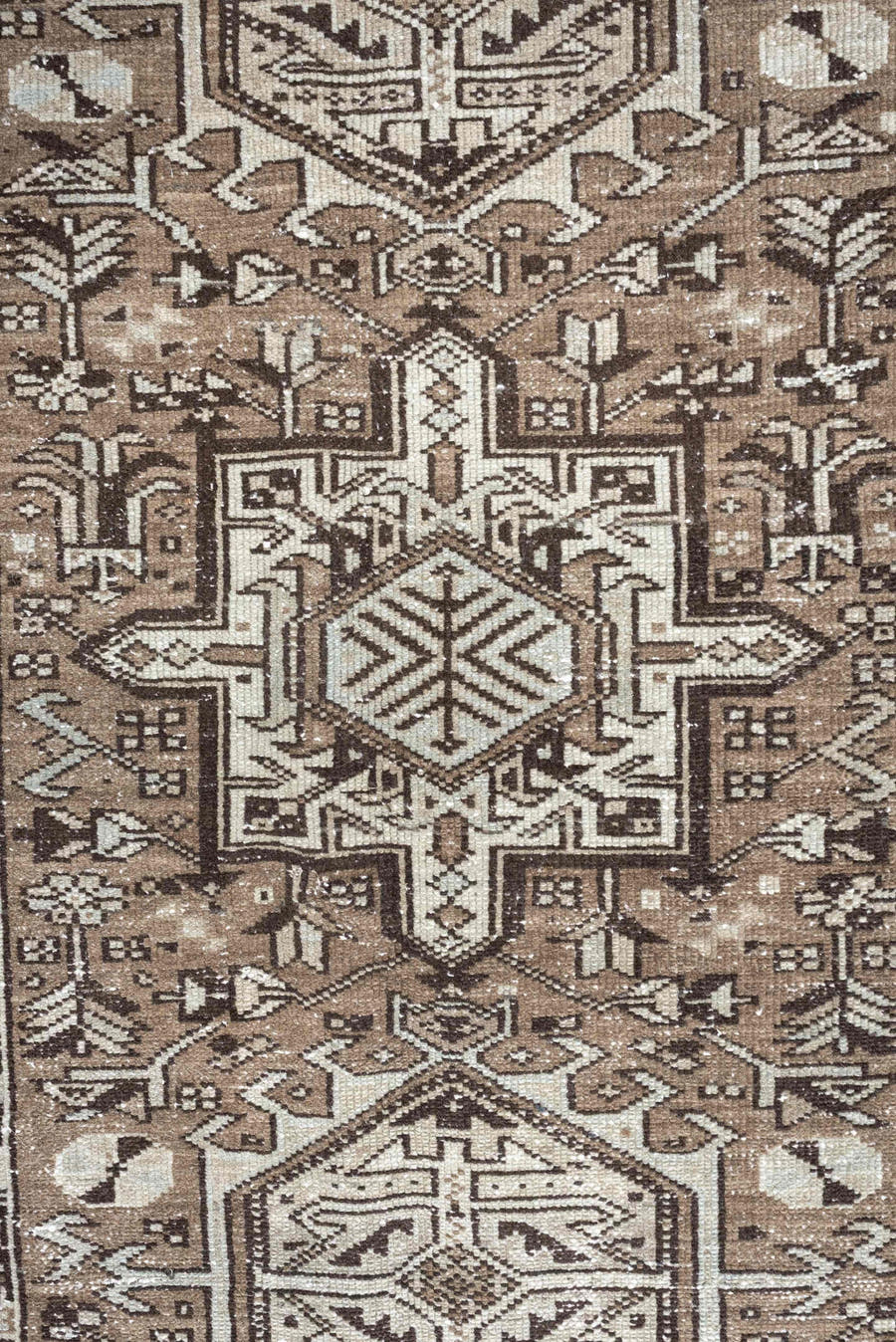2' x 12' one-of-a-kind handmade antique Karaje runner rug. Color palette: taupe, ivory, brown, gray, charcoal, beige, black