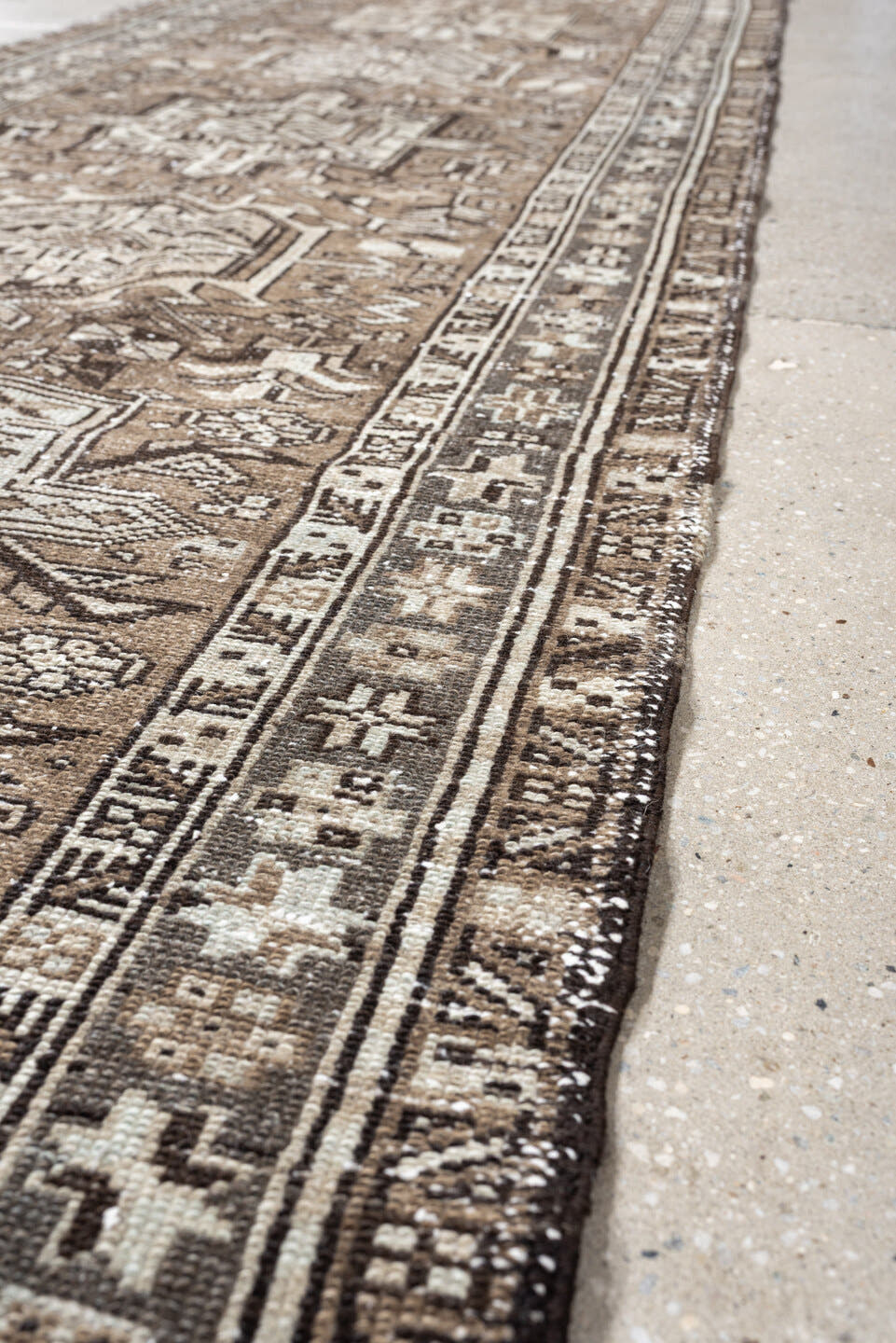 2' x 12' one-of-a-kind handmade antique Karaje runner rug. Color palette: taupe, ivory, brown, gray, charcoal, beige, black