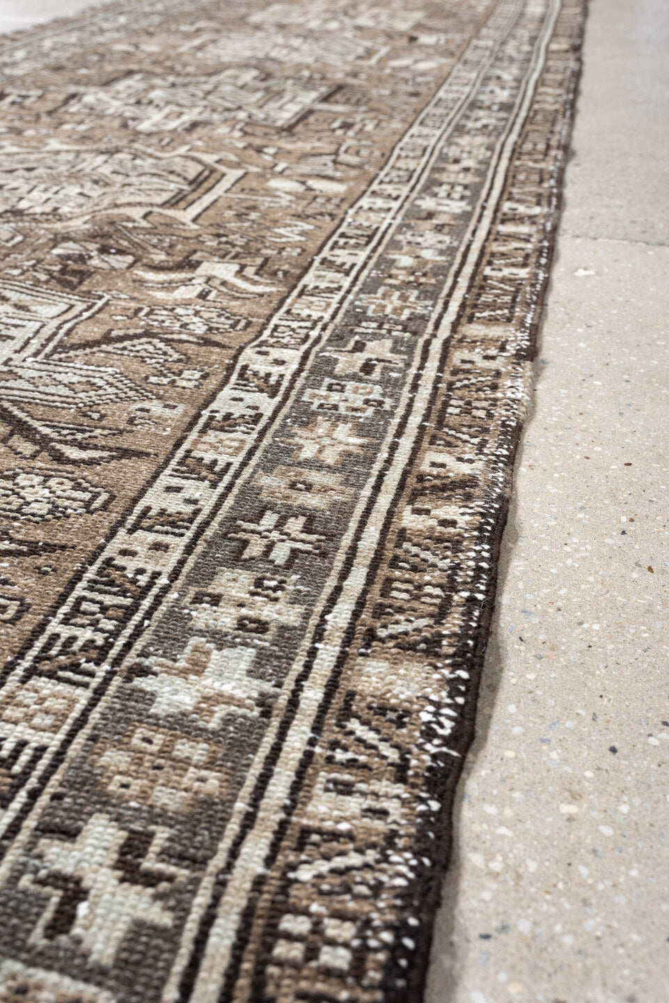 2' x 12' one-of-a-kind handmade antique Karaje runner rug. Color palette: taupe, ivory, brown, gray, charcoal, beige, black
