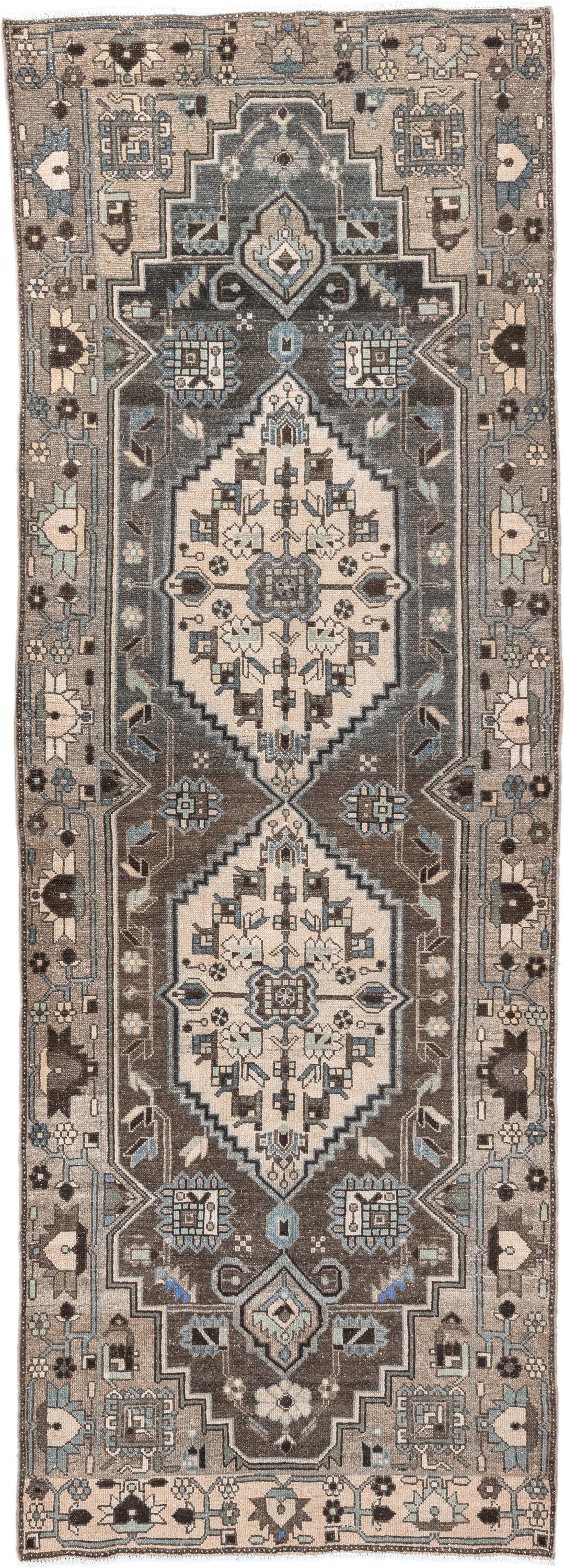 3' x 9' one-of-a-kind handmade antique Hamadan runner rug. Color palette: taupe, charcoal, ivory, slate, pale_blue, brown