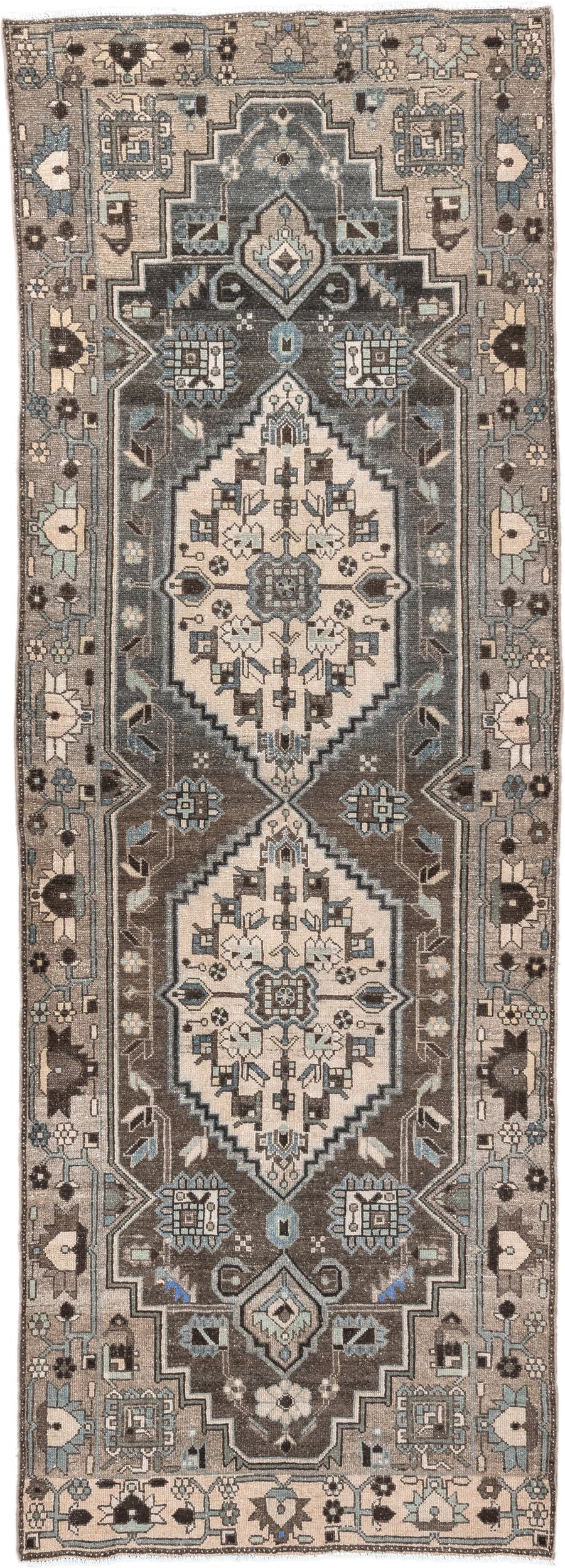 3' x 9' one-of-a-kind handmade antique Hamadan runner rug. Color palette: taupe, charcoal, ivory, slate, pale_blue, brown