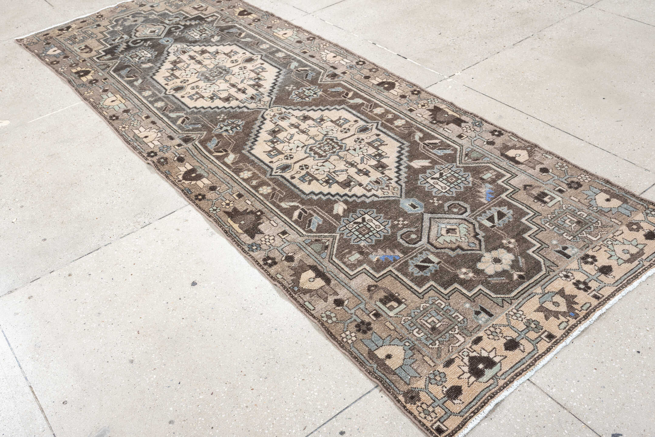 3' x 9' one-of-a-kind handmade antique Hamadan runner rug. Color palette: taupe, charcoal, ivory, slate, pale_blue, brown