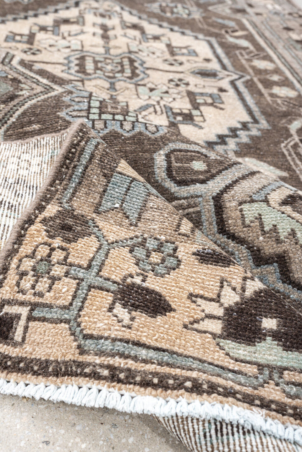 3' x 9' one-of-a-kind handmade antique Hamadan runner rug. Color palette: taupe, charcoal, ivory, slate, pale_blue, brown
