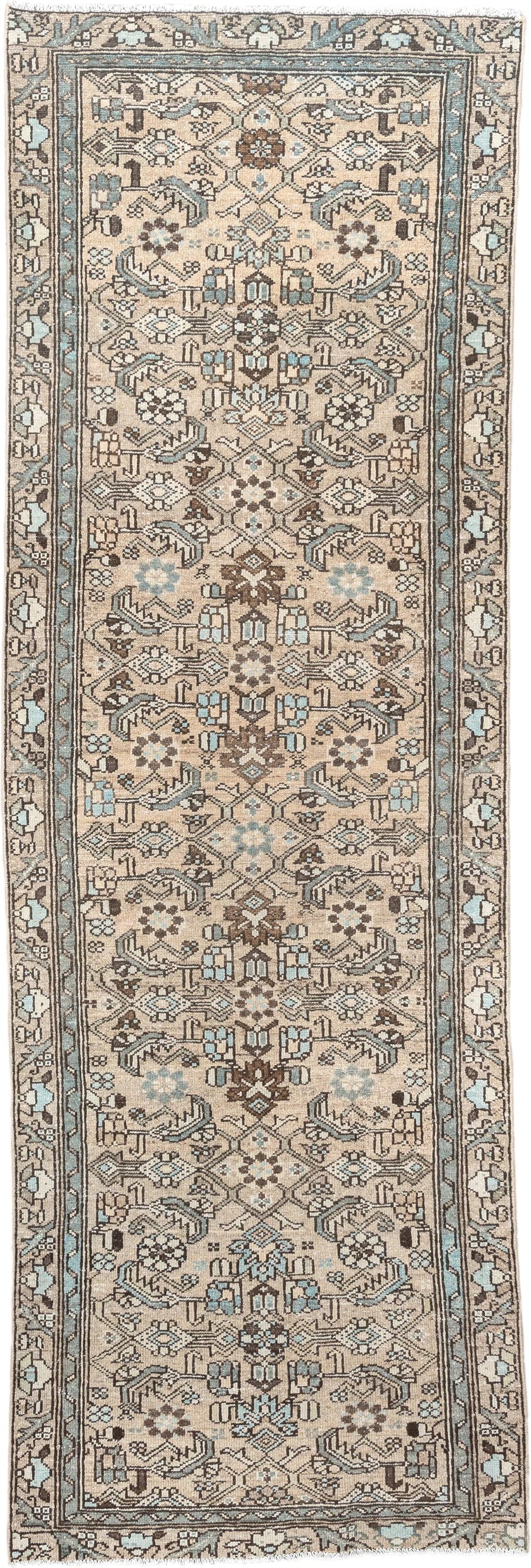 3' x 9' one-of-a-kind handmade vintage Hamadan runner rug. Color palette: ivory, taupe, light blue, brown, camel, charcoal