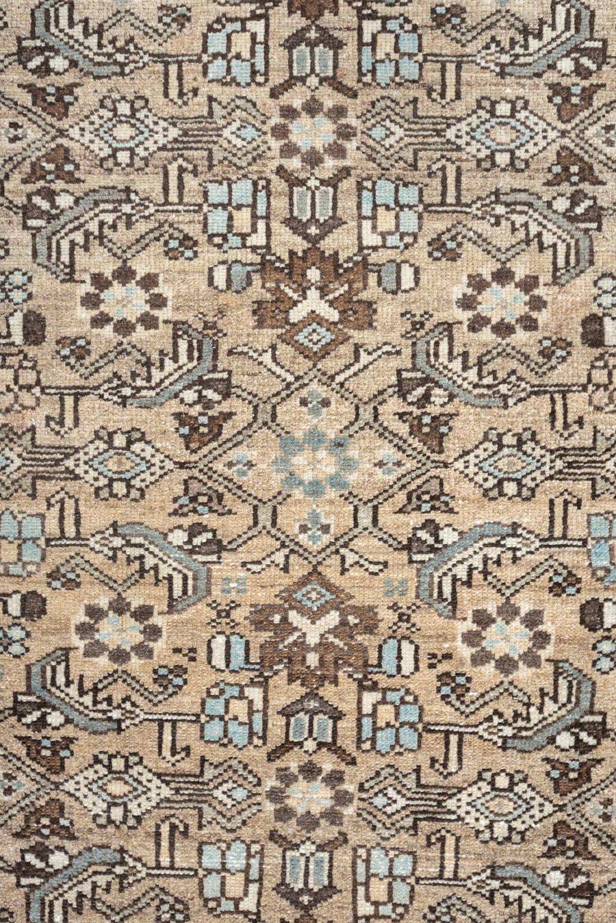 3' x 9' one-of-a-kind handmade vintage Hamadan runner rug. Color palette: ivory, taupe, light blue, brown, camel, charcoal