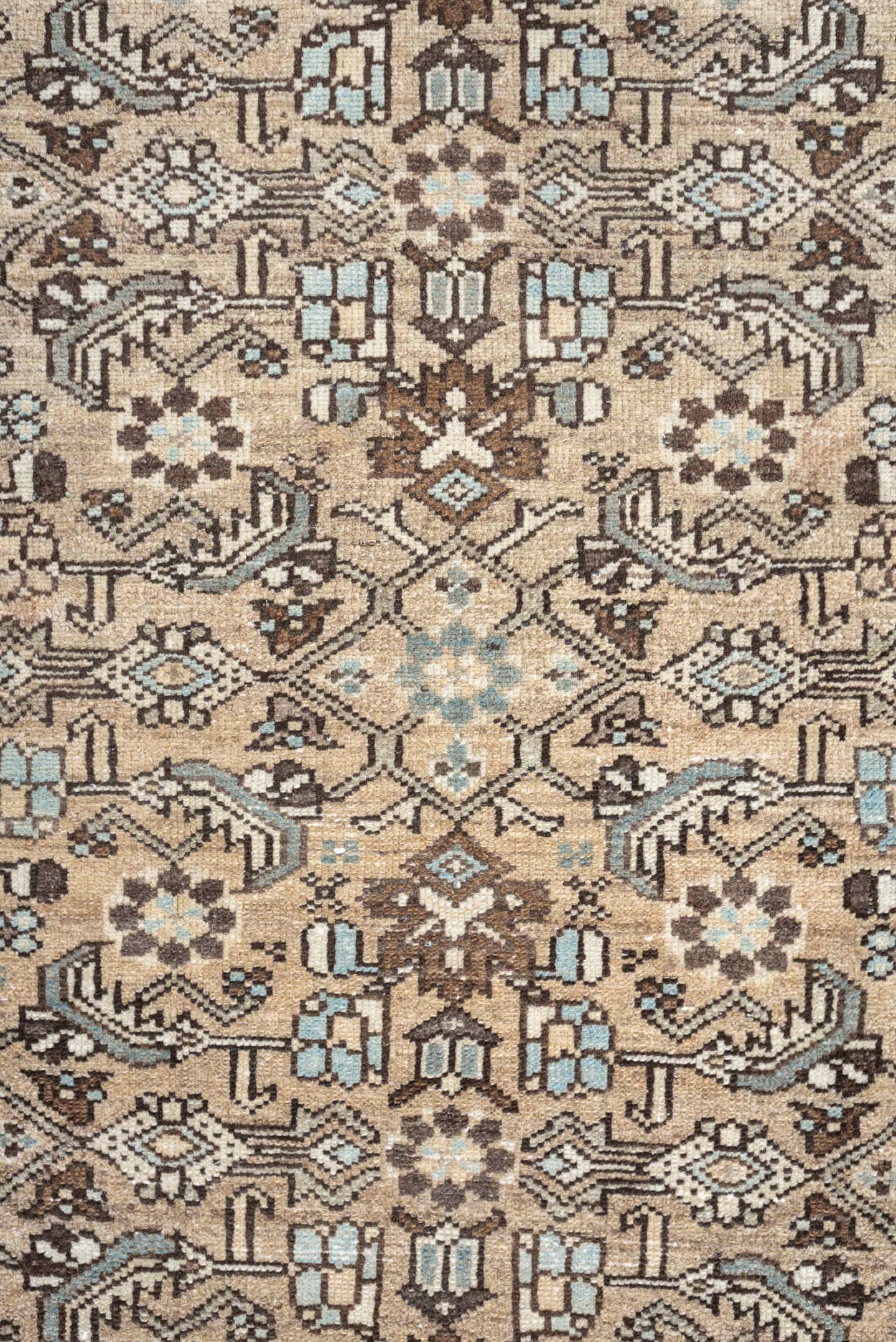 3' x 9' one-of-a-kind handmade vintage Hamadan runner rug. Color palette: ivory, taupe, light blue, brown, camel, charcoal
