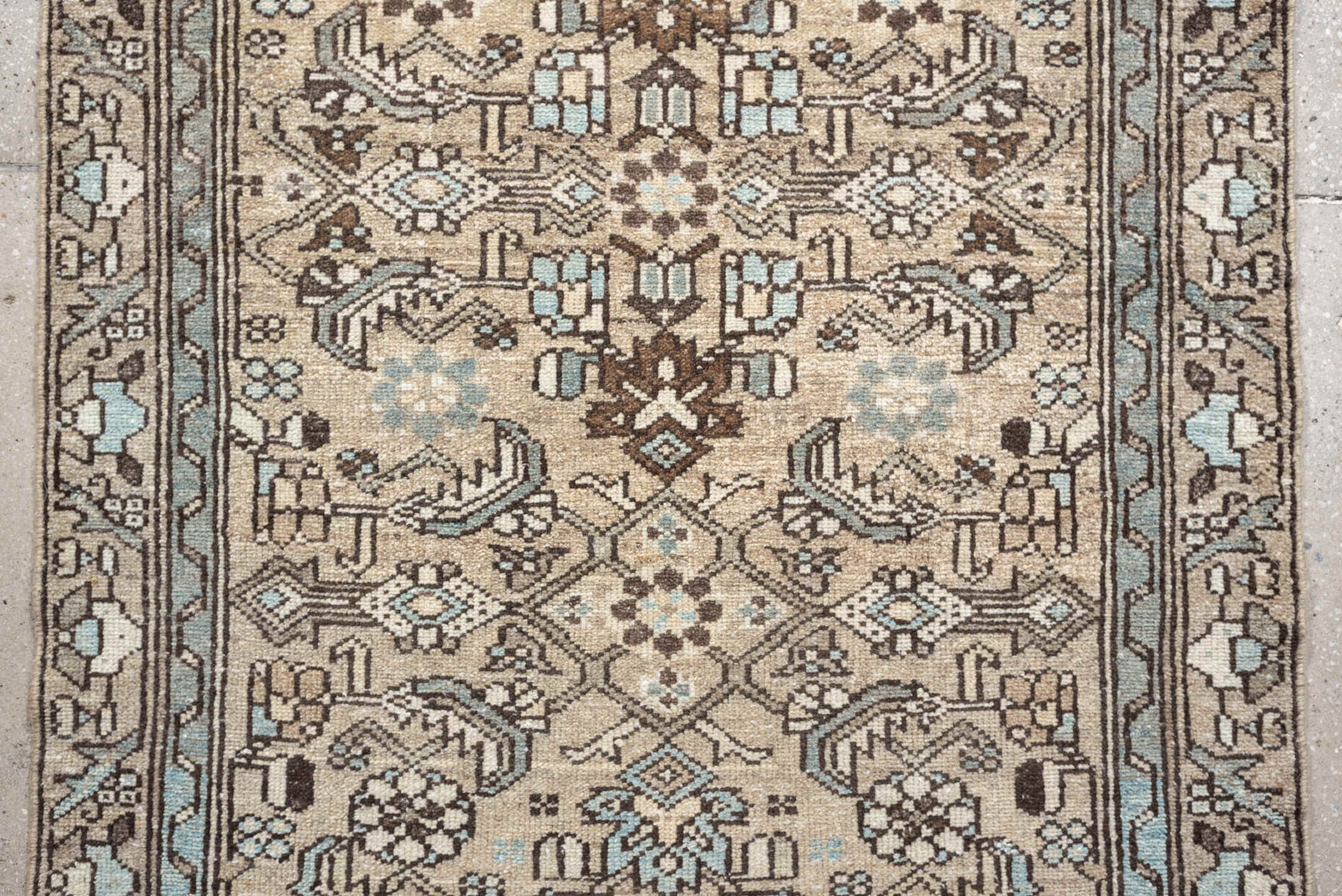 3' x 9' one-of-a-kind handmade vintage Hamadan runner rug. Color palette: ivory, taupe, light blue, brown, camel, charcoal