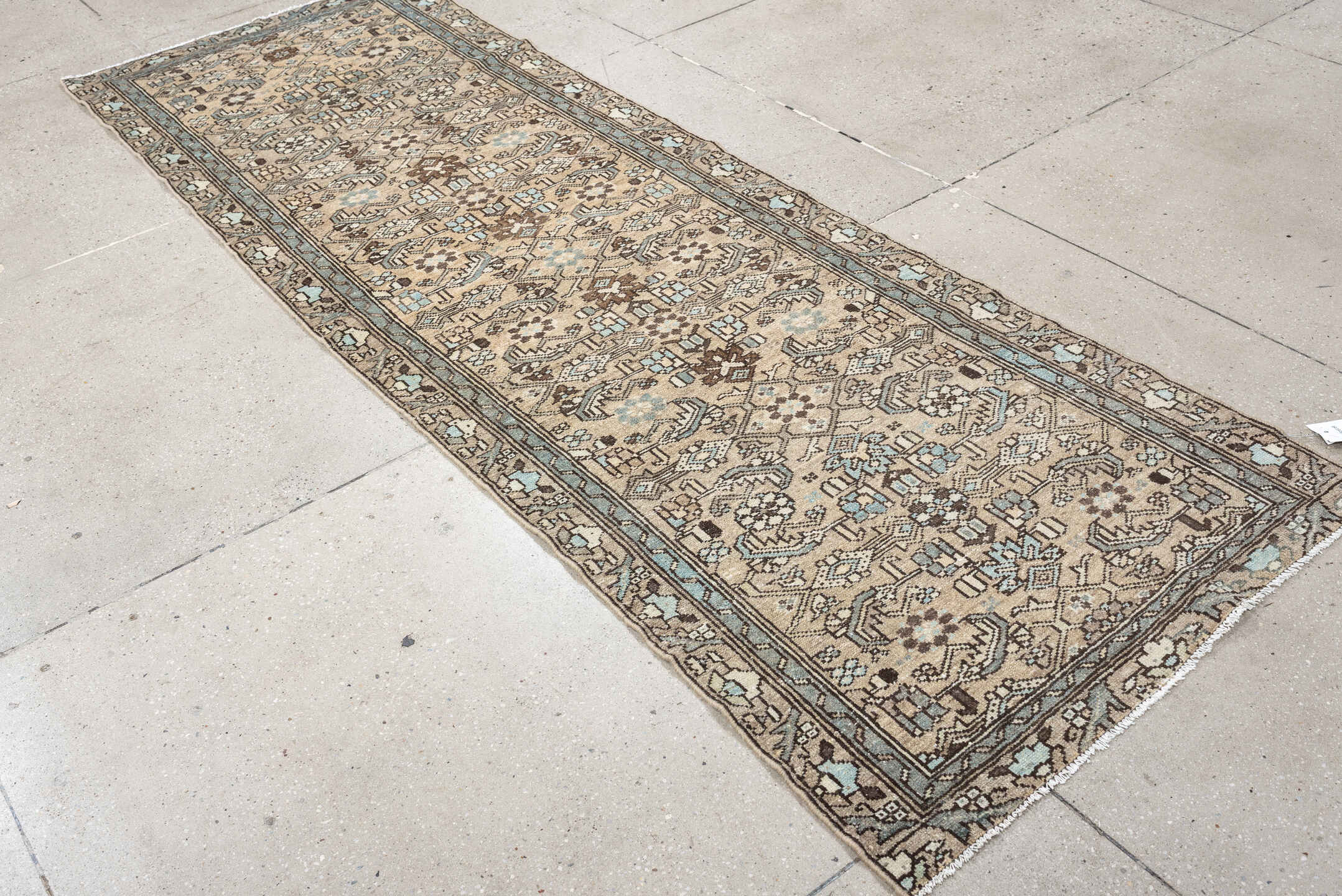 3' x 9' one-of-a-kind handmade vintage Hamadan runner rug. Color palette: ivory, taupe, light blue, brown, camel, charcoal