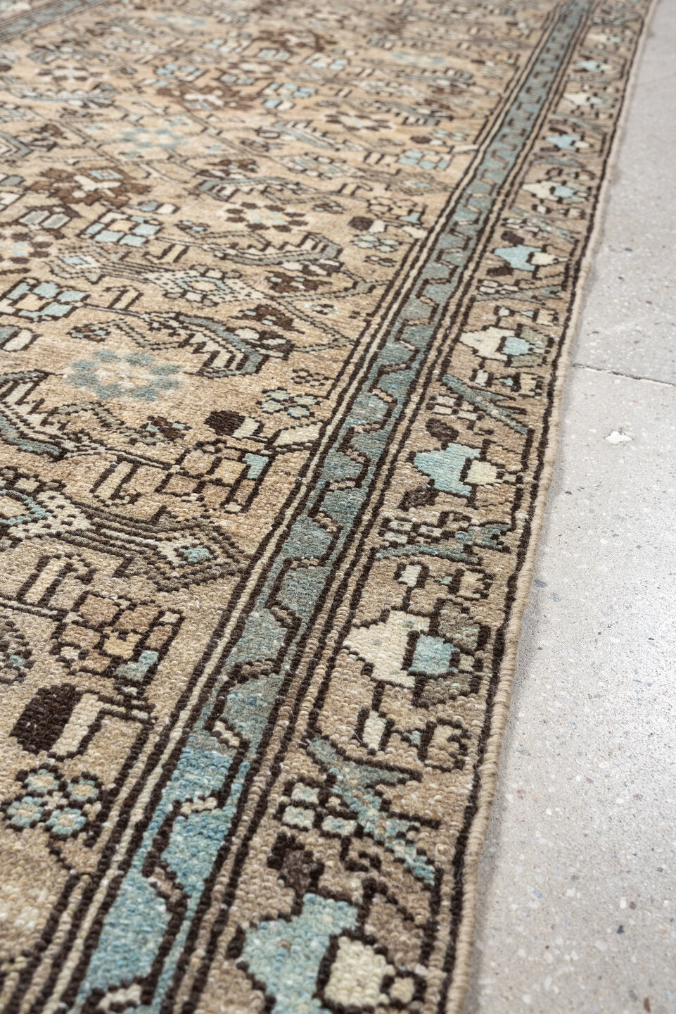 3' x 9' one-of-a-kind handmade vintage Hamadan runner rug. Color palette: ivory, taupe, light blue, brown, camel, charcoal