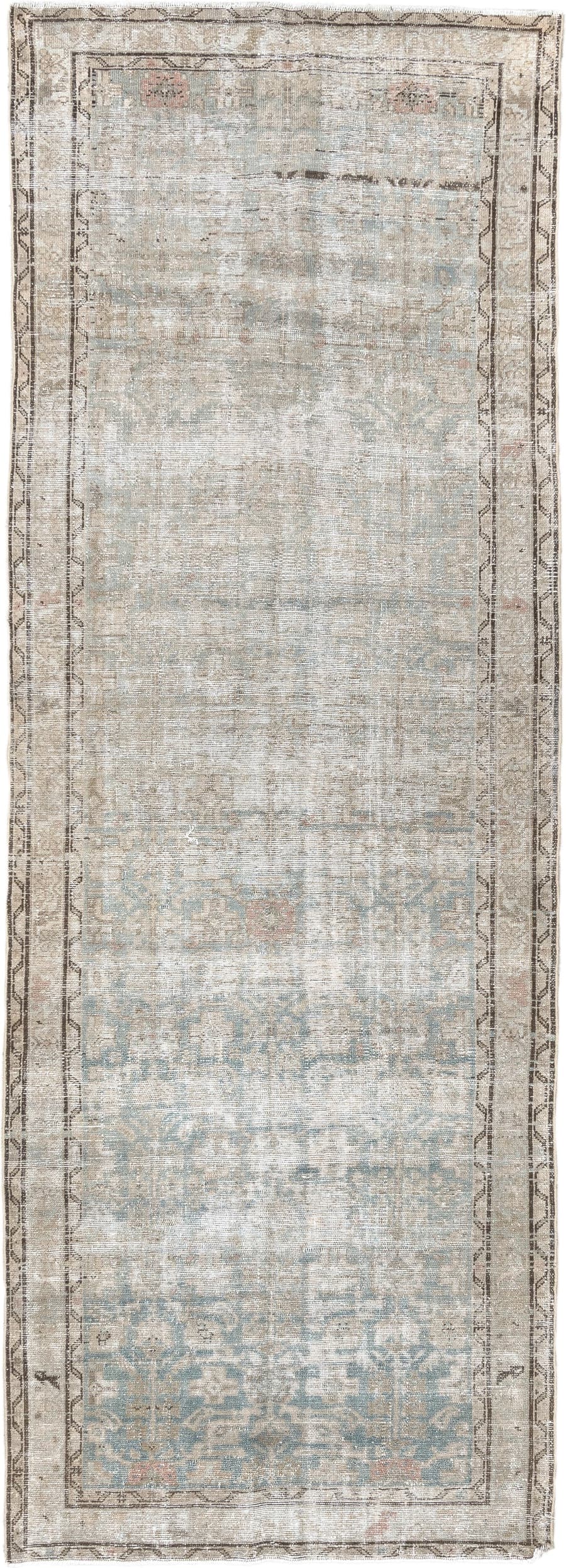3' x 9' one-of-a-kind handmade antique Malayer runner rug. Color palette: ivory, pale blue, taupe, beige, charcoal, blush