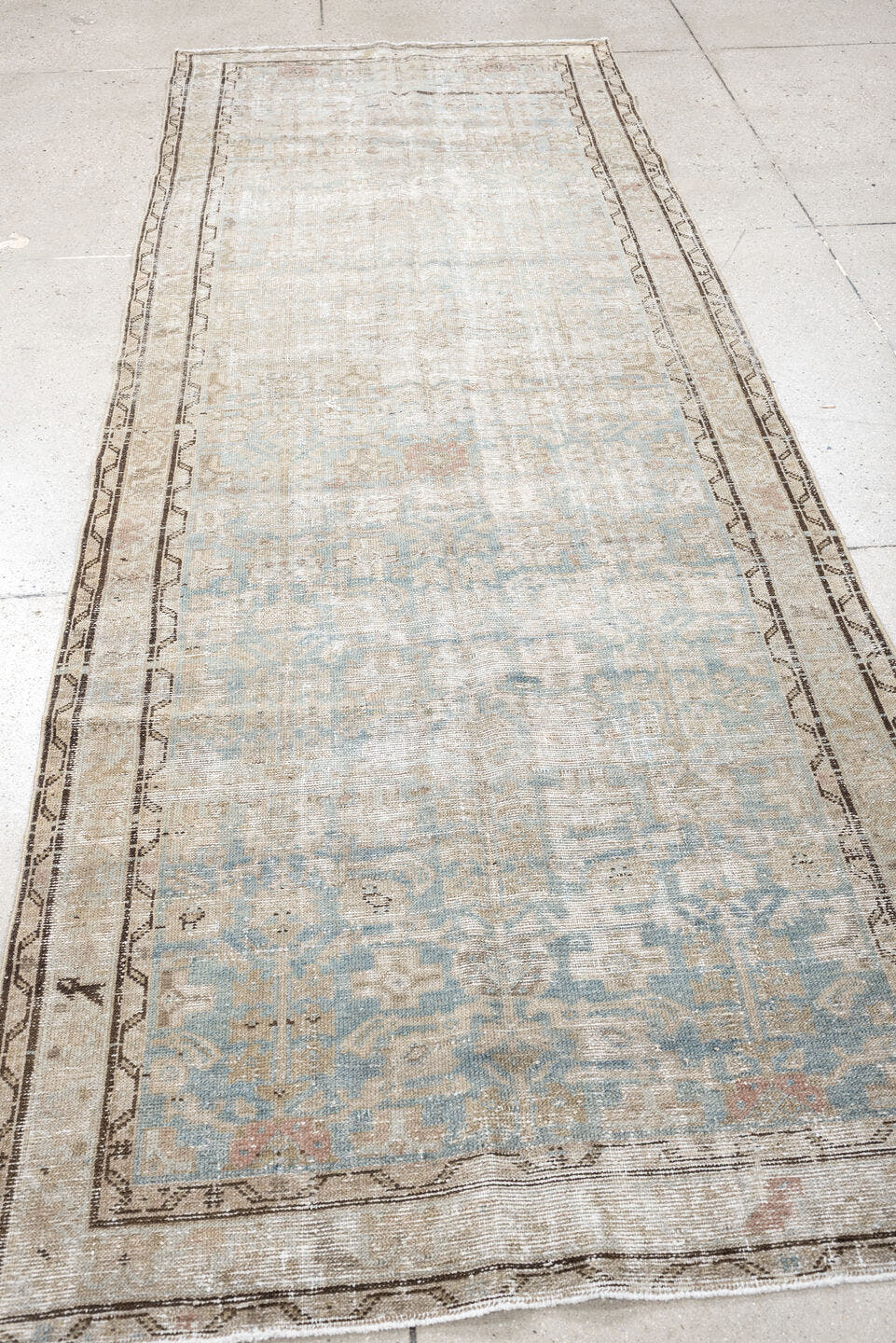 3' x 9' one-of-a-kind handmade antique Malayer runner rug. Color palette: ivory, pale blue, taupe, beige, charcoal, blush
