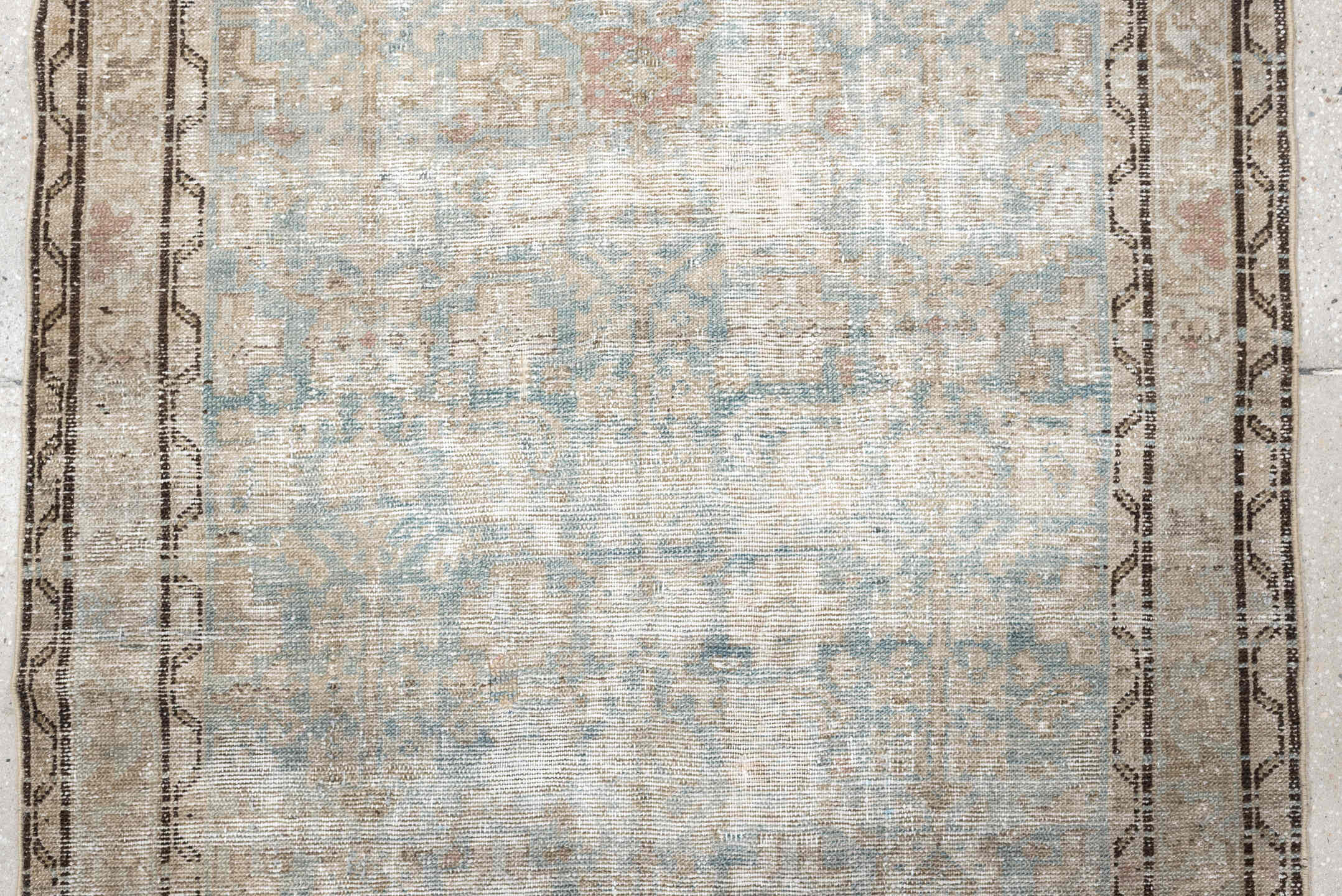 3' x 9' one-of-a-kind handmade antique Malayer runner rug. Color palette: ivory, pale blue, taupe, beige, charcoal, blush