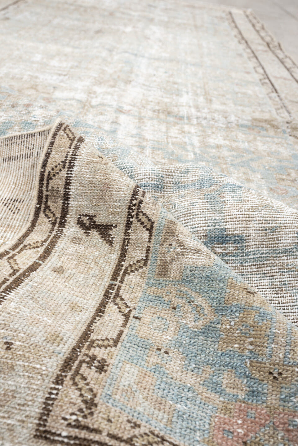 3' x 9' one-of-a-kind handmade antique Malayer runner rug. Color palette: ivory, pale blue, taupe, beige, charcoal, blush