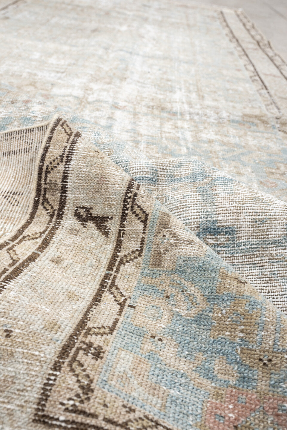 3' x 9' one-of-a-kind handmade antique Malayer runner rug. Color palette: ivory, pale blue, taupe, beige, charcoal, blush
