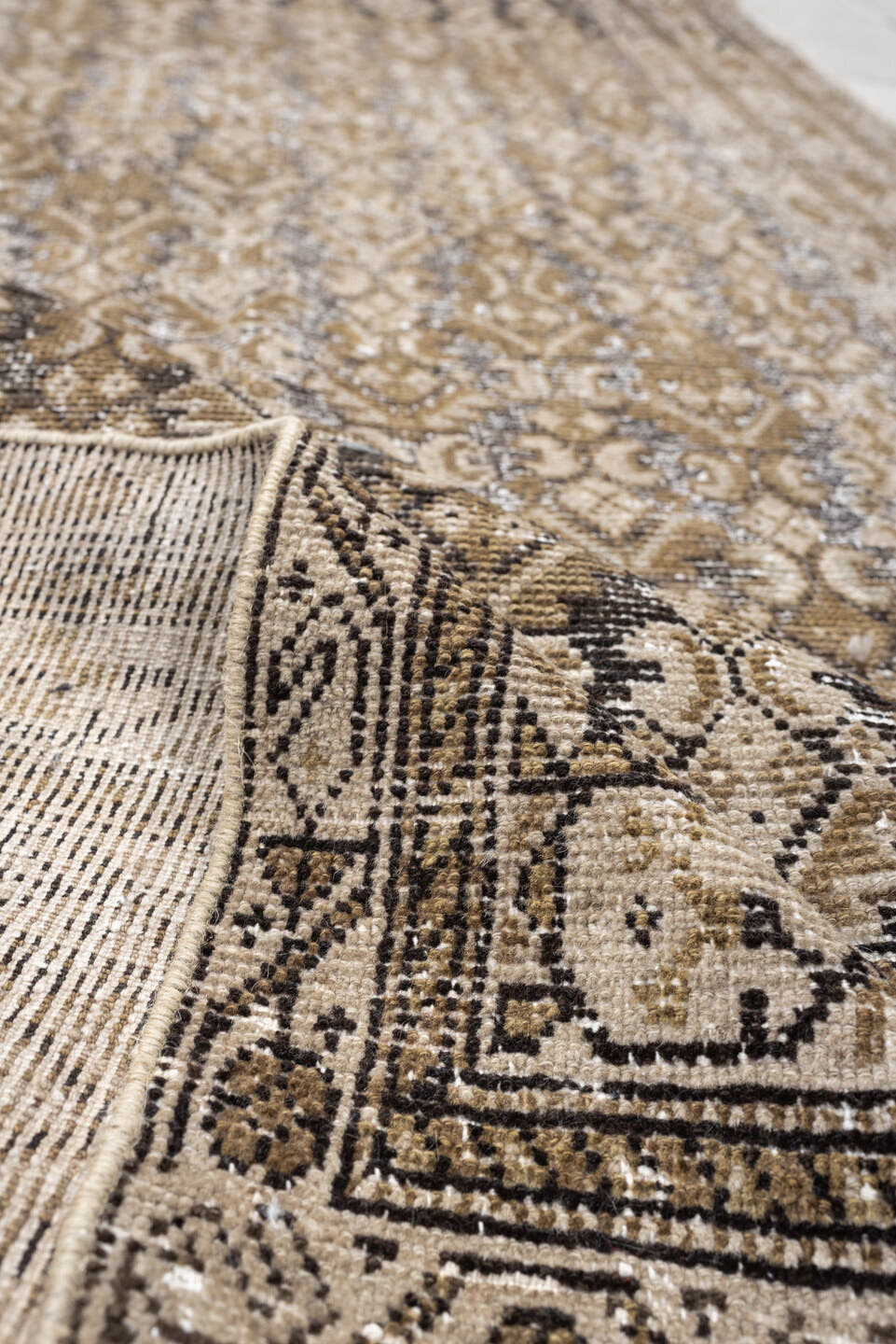 3' x 12' one-of-a-kind handmade antique Malayer runner rug. Color palette: taupe, ivory, camel, brown, slate, charcoal