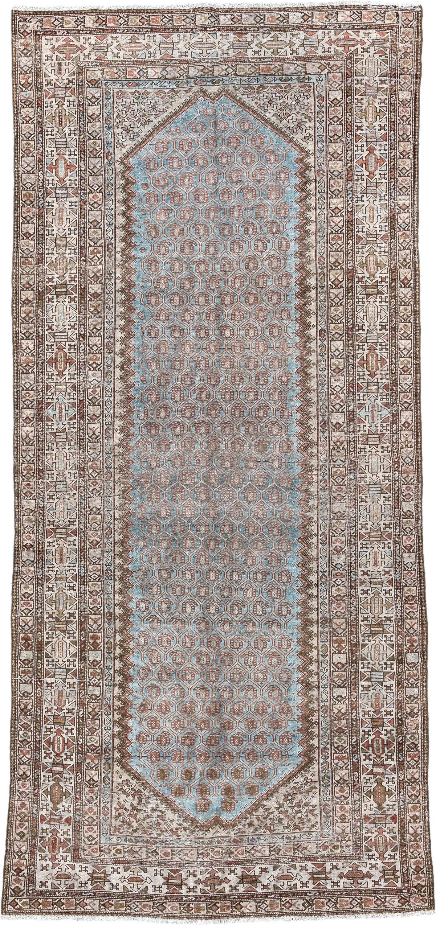 4' x 9' one-of-a-kind handmade antique Malayer runner rug. Color palette: ivory, sky blue, taupe, rust, brown, camel