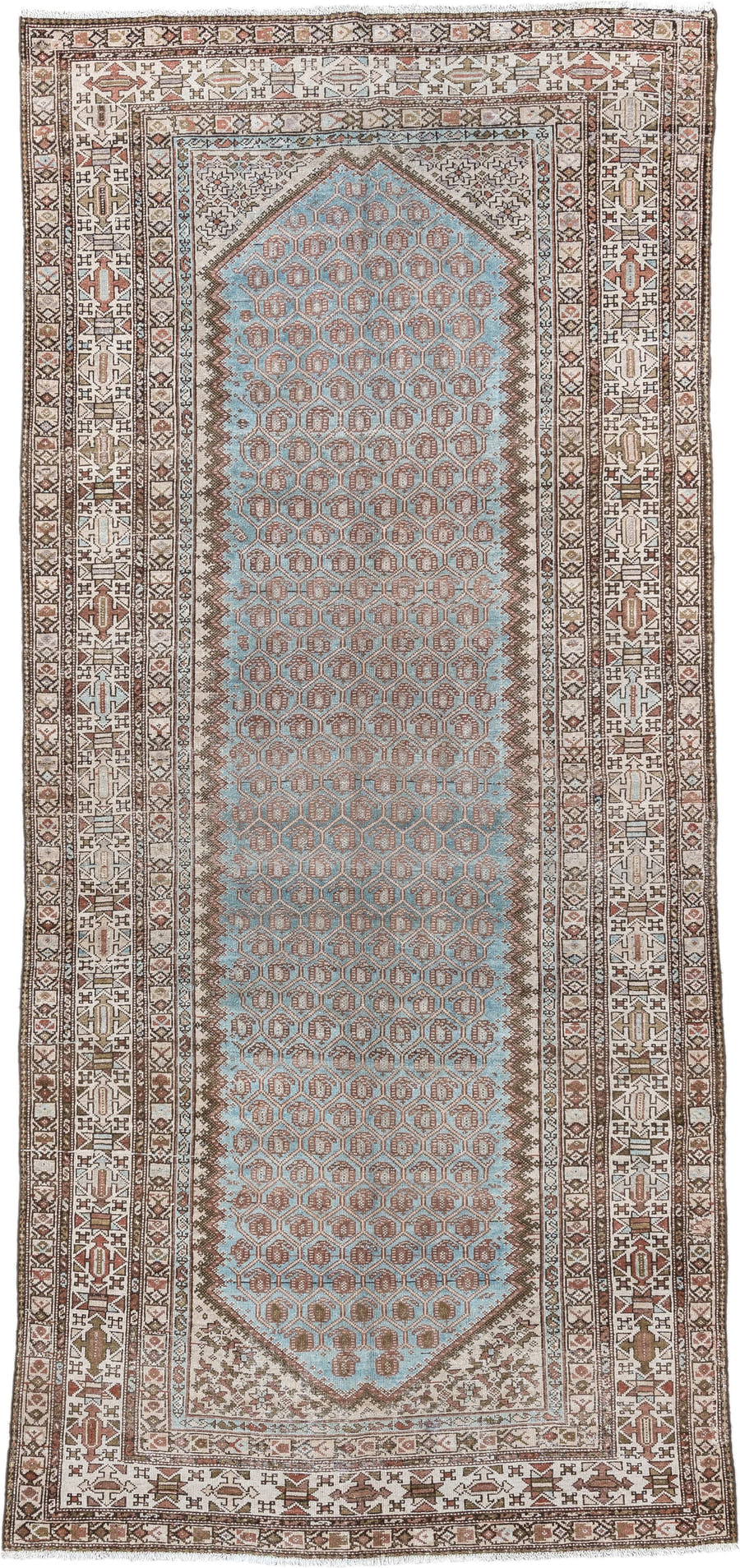 4' x 9' one-of-a-kind handmade antique Malayer runner rug. Color palette: ivory, sky blue, taupe, rust, brown, camel