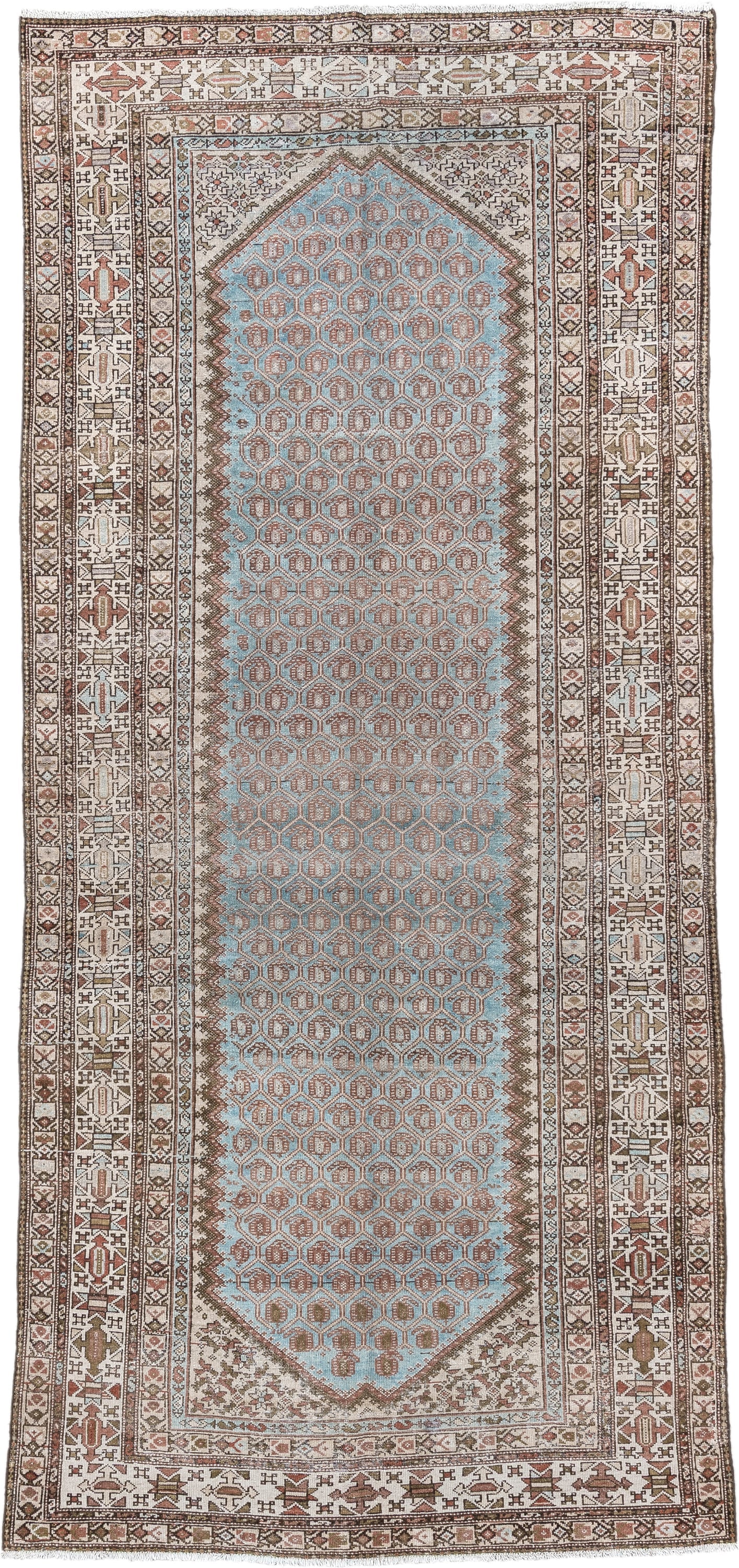 4' x 9' one-of-a-kind handmade antique Malayer runner rug. Color palette: ivory, sky blue, taupe, rust, brown, camel