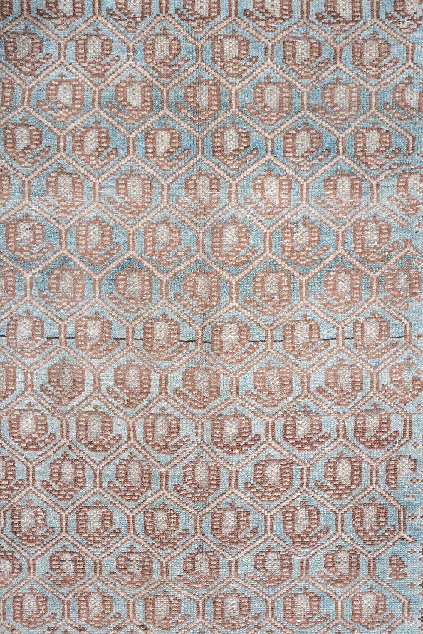 4' x 9' one-of-a-kind handmade antique Malayer runner rug. Color palette: ivory, sky blue, taupe, rust, brown, camel