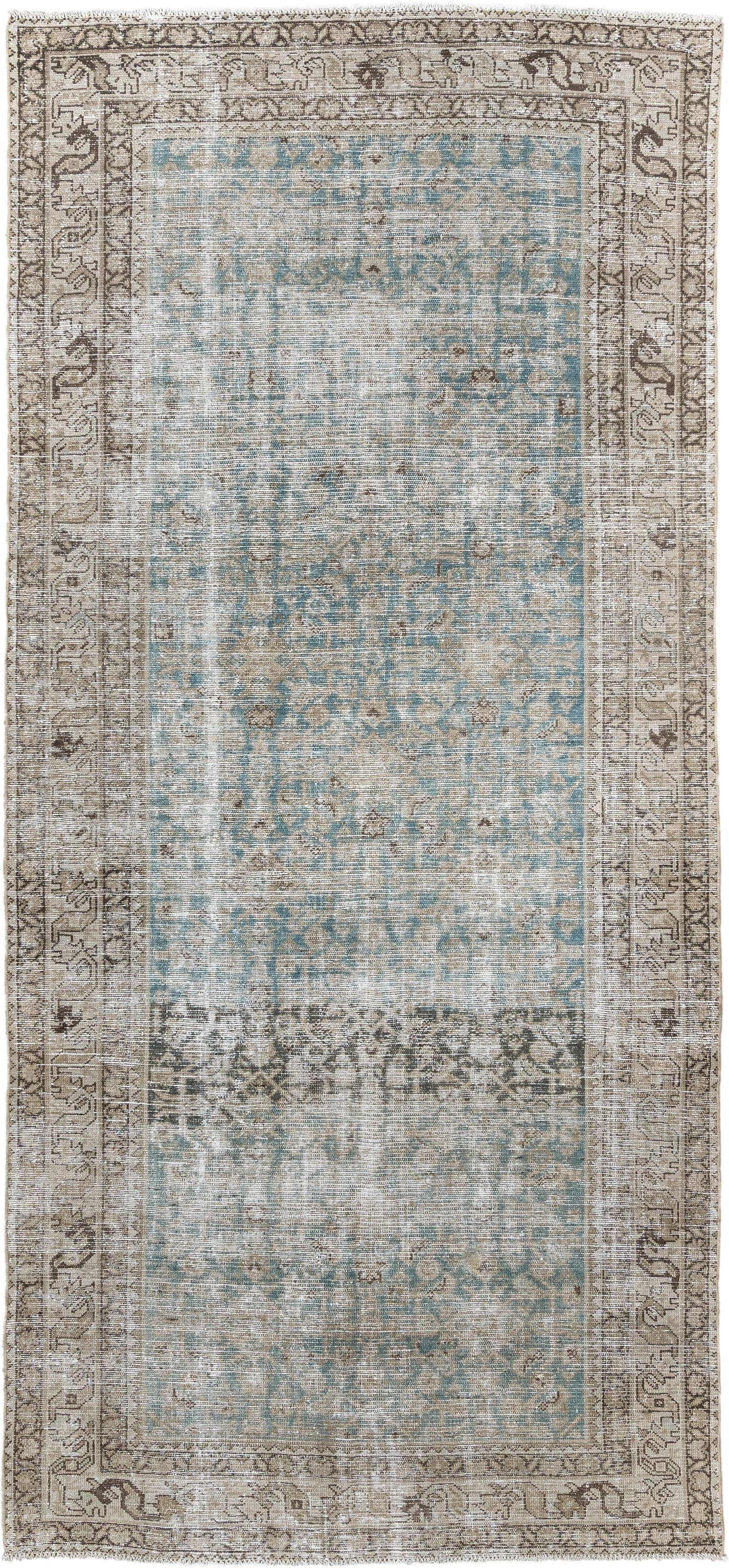 4' x 10' one-of-a-kind handmade antique Malayer runner rug. Color palette: ivory, aqua, taupe, beige, brown, gray, teal