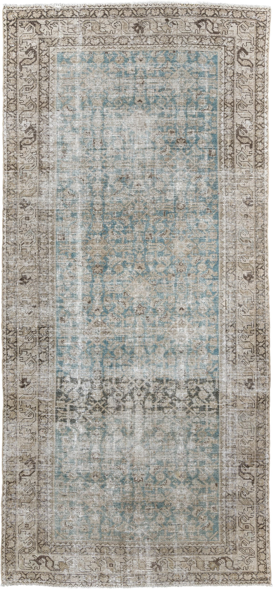 4' x 10' one-of-a-kind handmade antique Malayer runner rug. Color palette: ivory, aqua, taupe, beige, brown, gray, teal