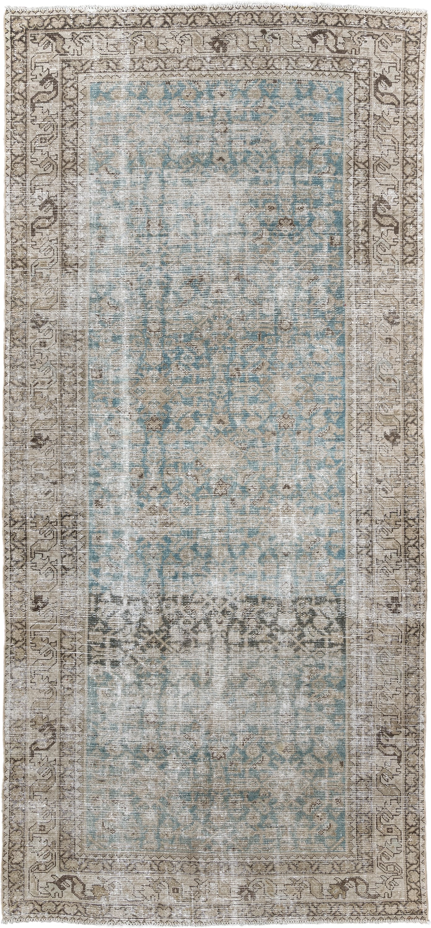 4' x 10' one-of-a-kind handmade antique Malayer runner rug. Color palette: ivory, aqua, taupe, beige, brown, gray, teal