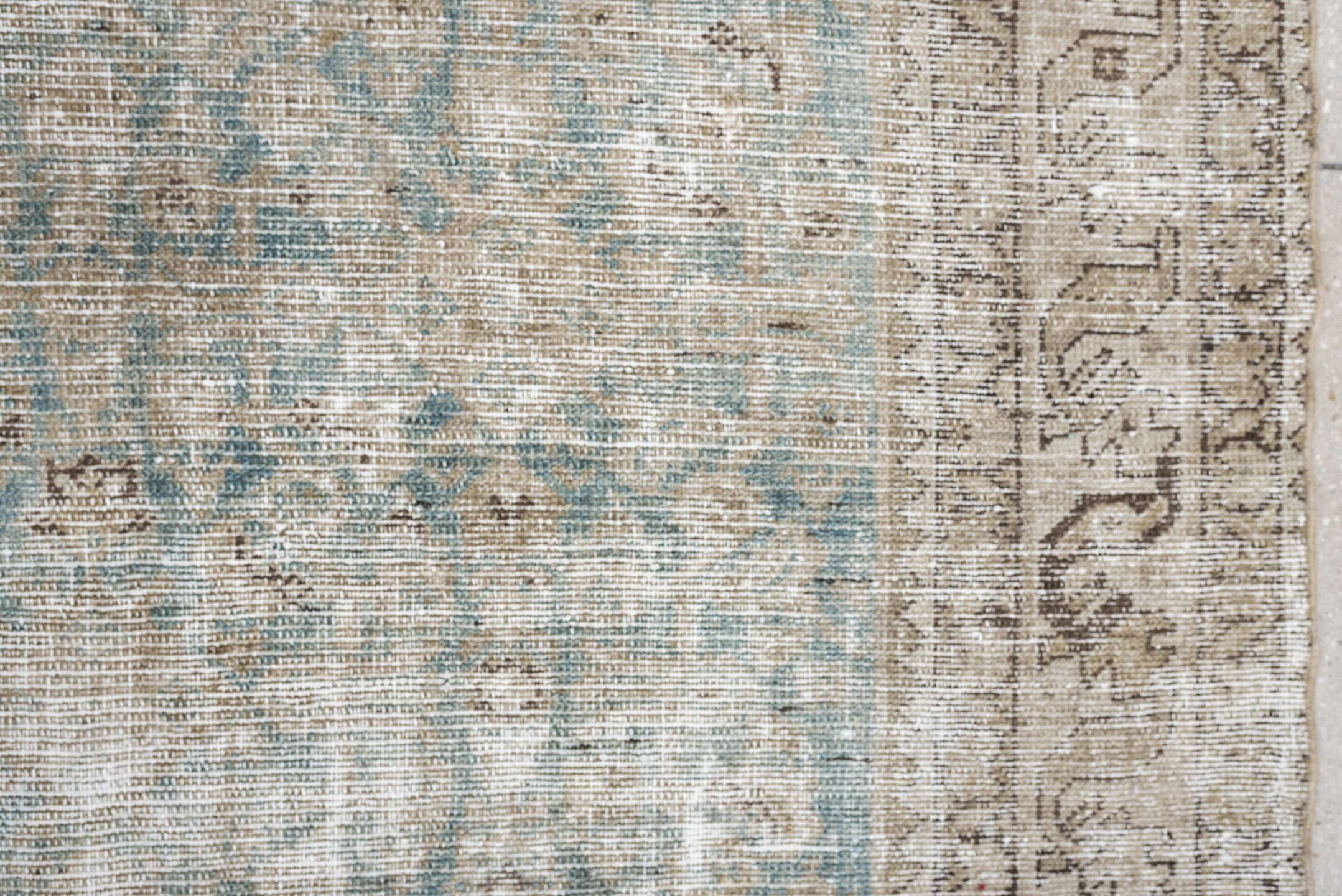 4' x 10' one-of-a-kind handmade antique Malayer runner rug. Color palette: ivory, aqua, taupe, beige, brown, gray, teal