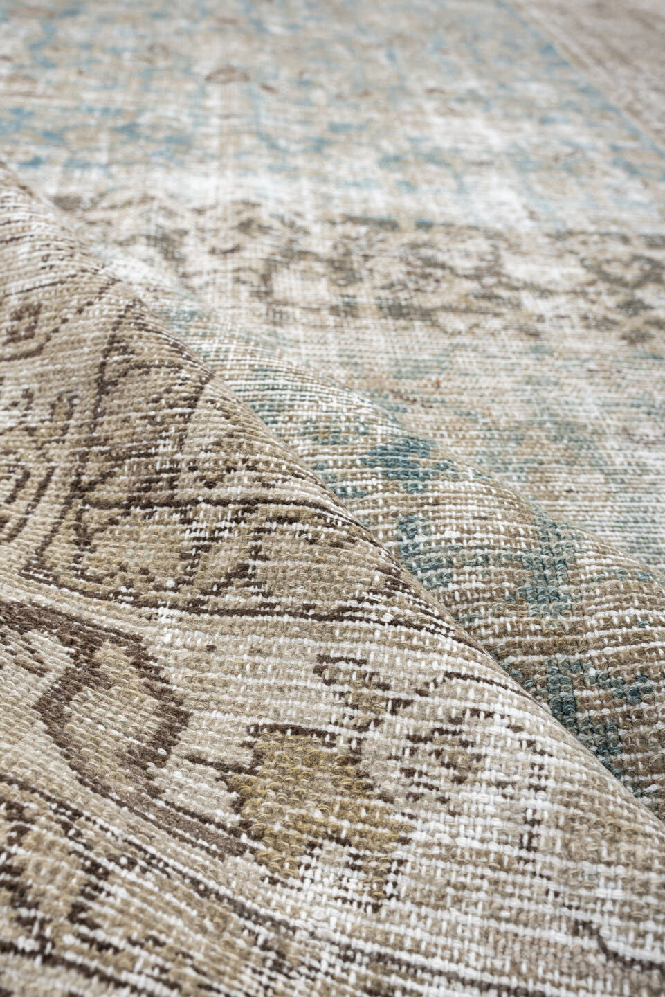4' x 10' one-of-a-kind handmade antique Malayer runner rug. Color palette: ivory, aqua, taupe, beige, brown, gray, teal