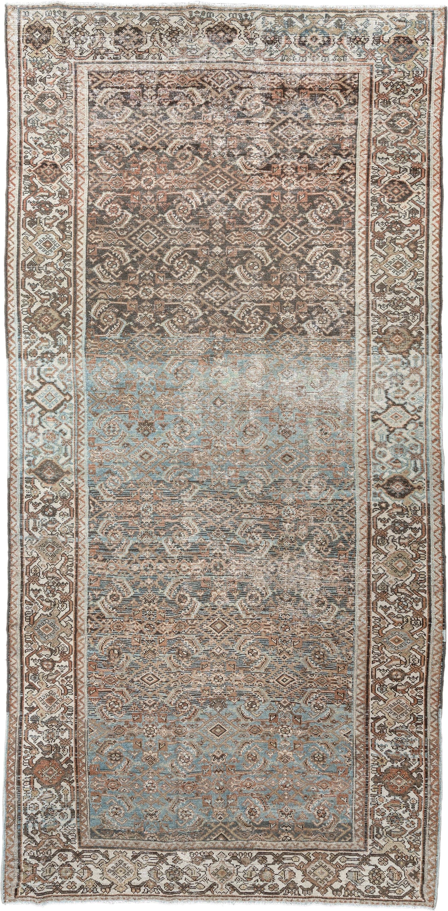 5' x 10' one-of-a-kind handmade vintage Malayer rug. Color palette: ivory, sky blue, taupe, brown, camel, slate, rust