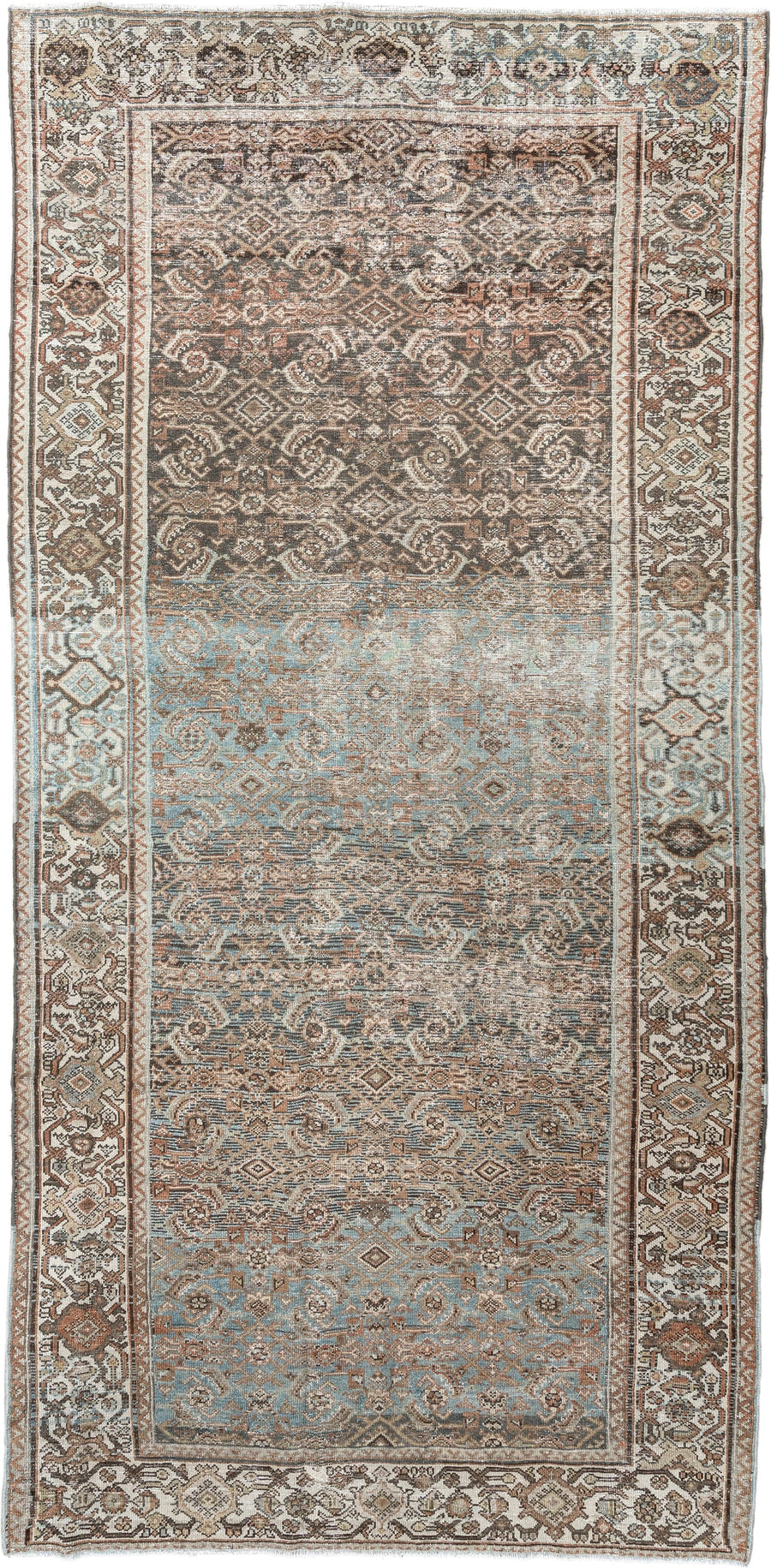 5' x 10' one-of-a-kind handmade vintage Malayer rug. Color palette: ivory, sky blue, taupe, brown, camel, slate, rust