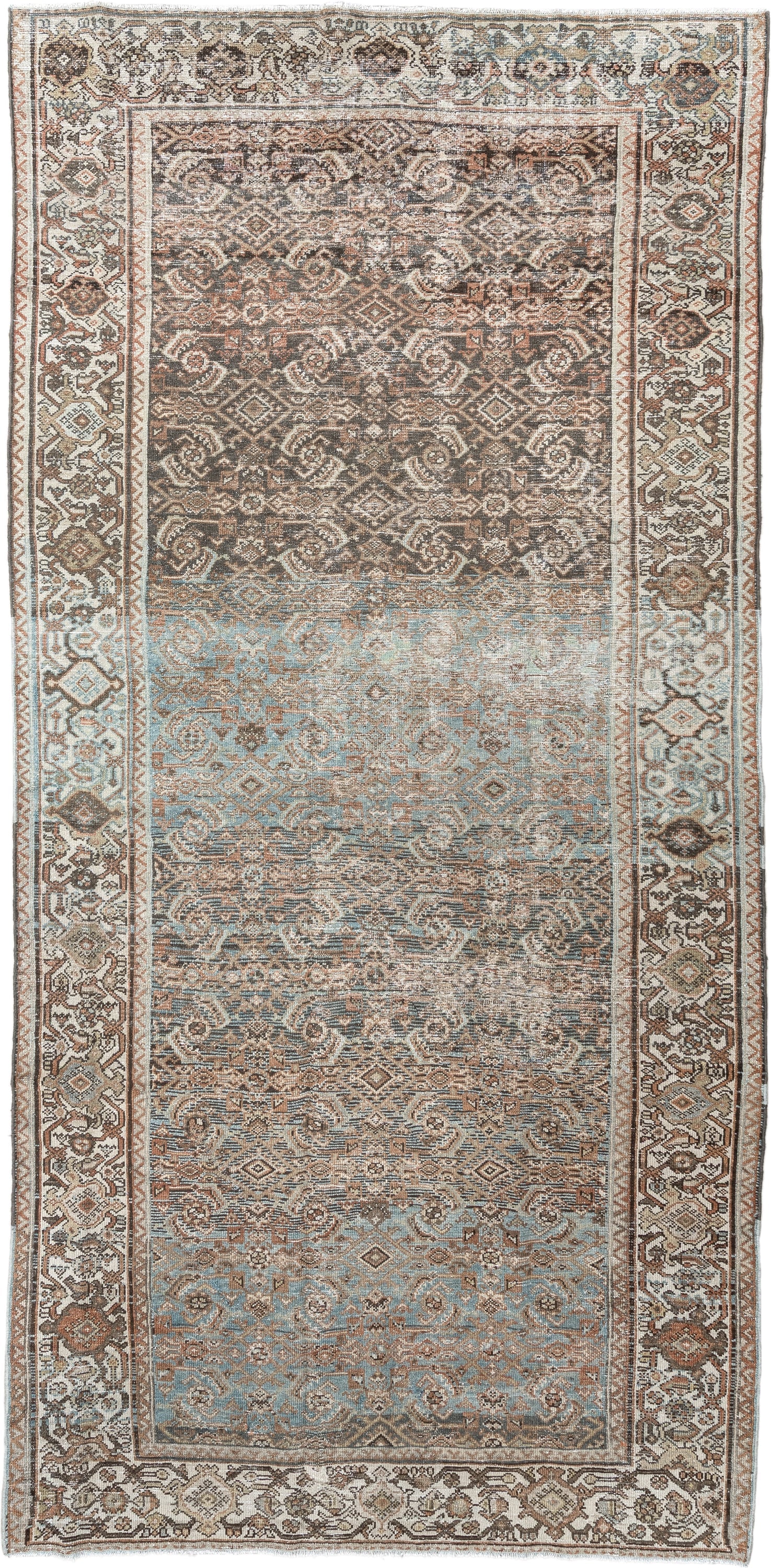 5' x 10' one-of-a-kind handmade vintage Malayer rug. Color palette: ivory, sky blue, taupe, brown, camel, slate, rust