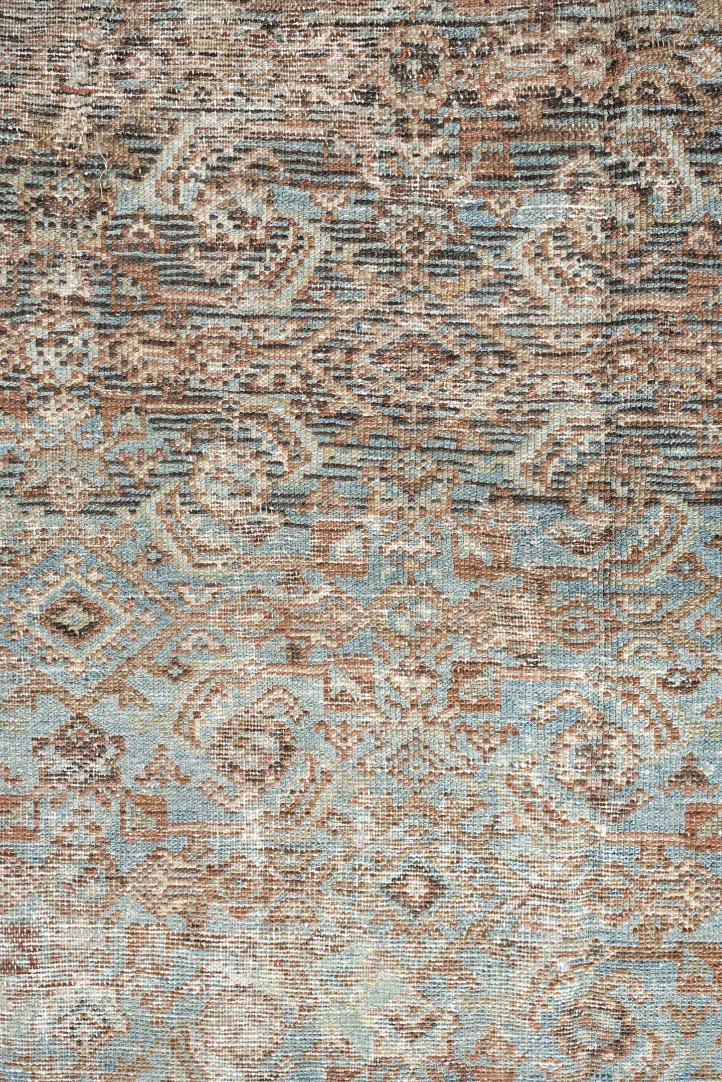 5' x 10' one-of-a-kind handmade vintage Malayer rug. Color palette: ivory, sky blue, taupe, brown, camel, slate, rust