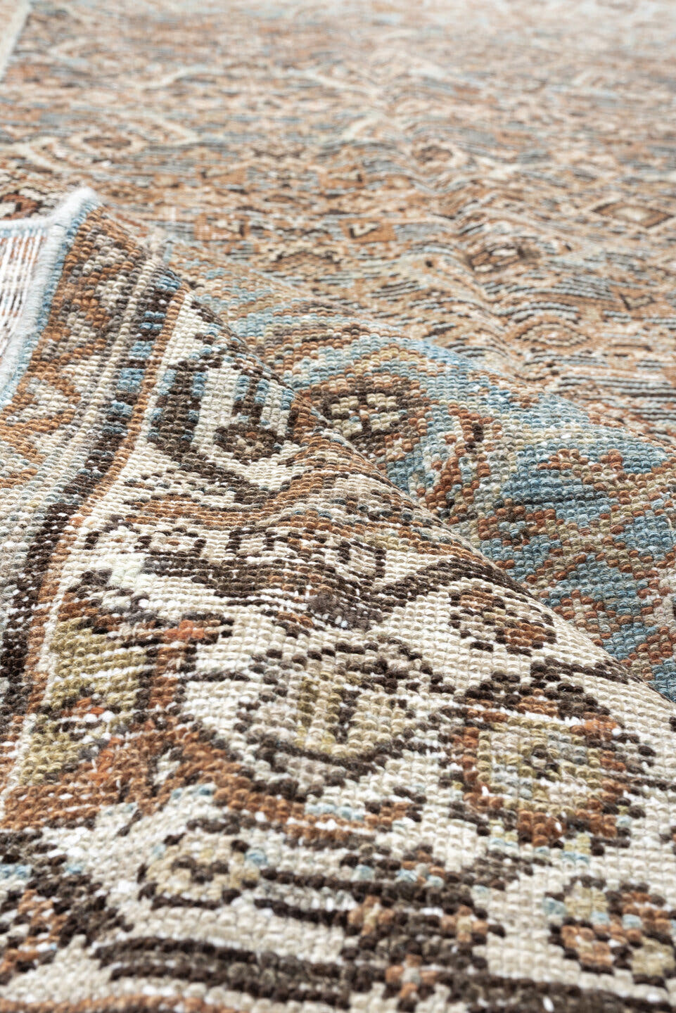 5' x 10' one-of-a-kind handmade vintage Malayer rug. Color palette: ivory, sky blue, taupe, brown, camel, slate, rust