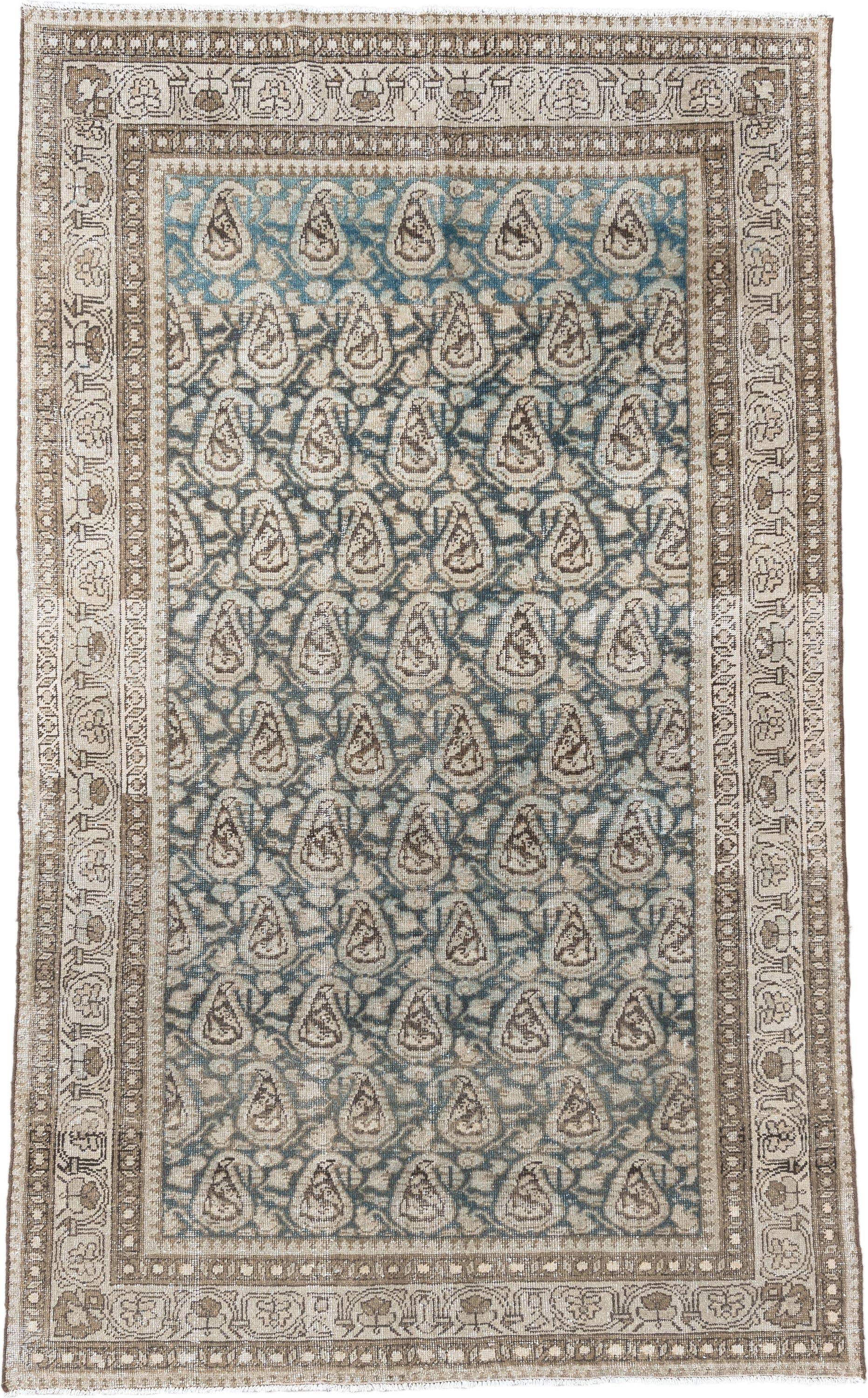5' x 8' one-of-a-kind handmade antique Malayer medium size rug. Color palette: ivory, sky blue, taupe, brown, beige