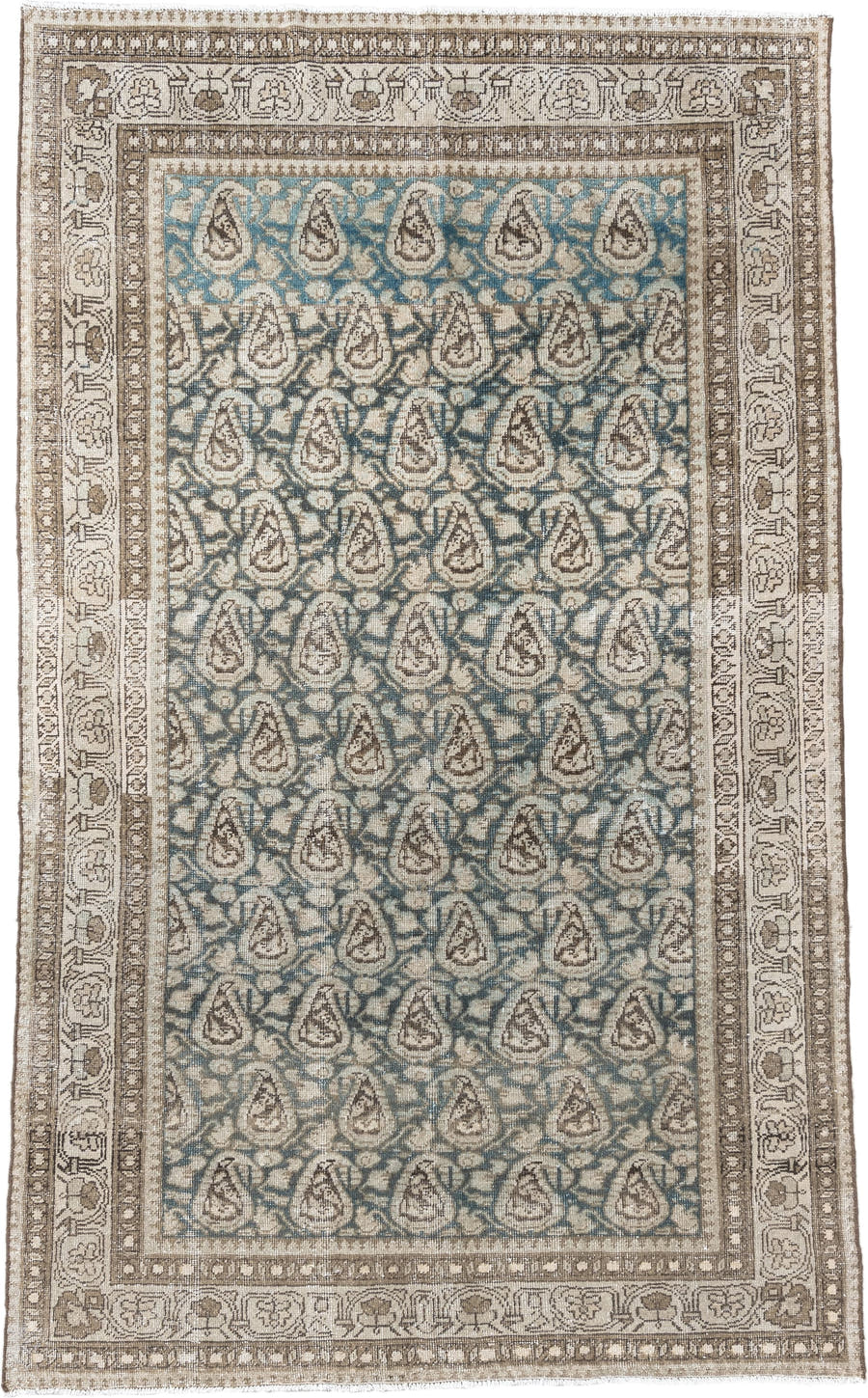 5' x 8' one-of-a-kind handmade antique Malayer medium size rug. Color palette: ivory, sky blue, taupe, brown, beige