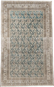 5' x 8' one-of-a-kind handmade antique Malayer medium size rug. Color palette: ivory, sky blue, taupe, brown, beige