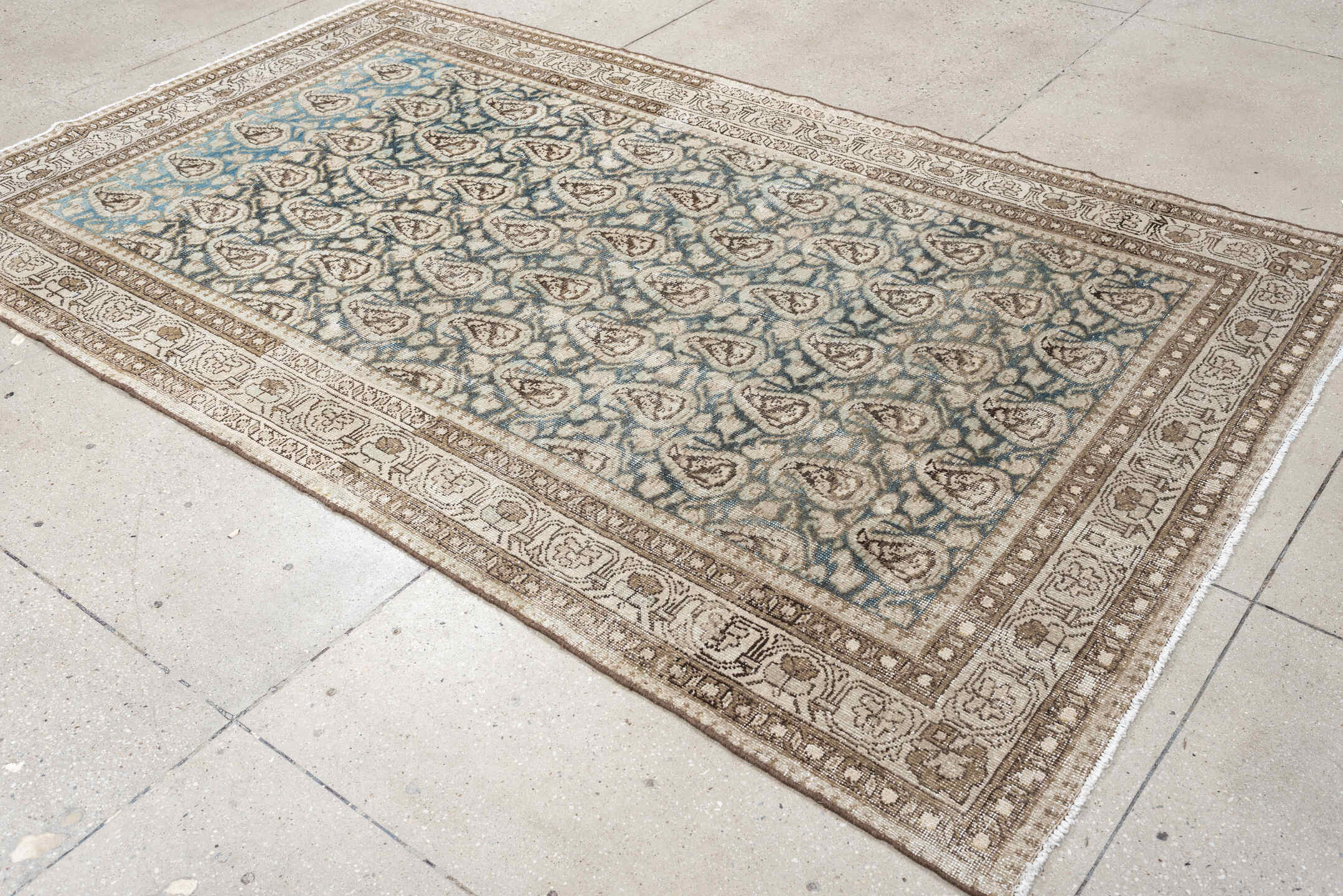 5' x 8' one-of-a-kind handmade antique Malayer medium size rug. Color palette: ivory, sky blue, taupe, brown, beige