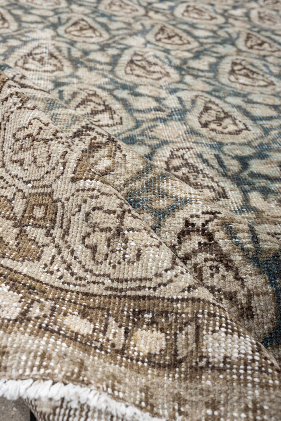 5' x 8' one-of-a-kind handmade antique Malayer medium size rug. Color palette: ivory, sky blue, taupe, brown, beige