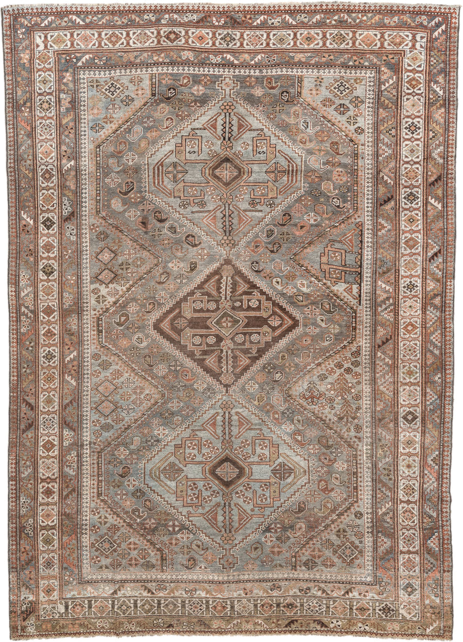 6' x 9' one-of-a-kind handmade antique Qashqai rug. Color palette: taupe, ivory, rust, slate, brown, camel, charcoal, beige