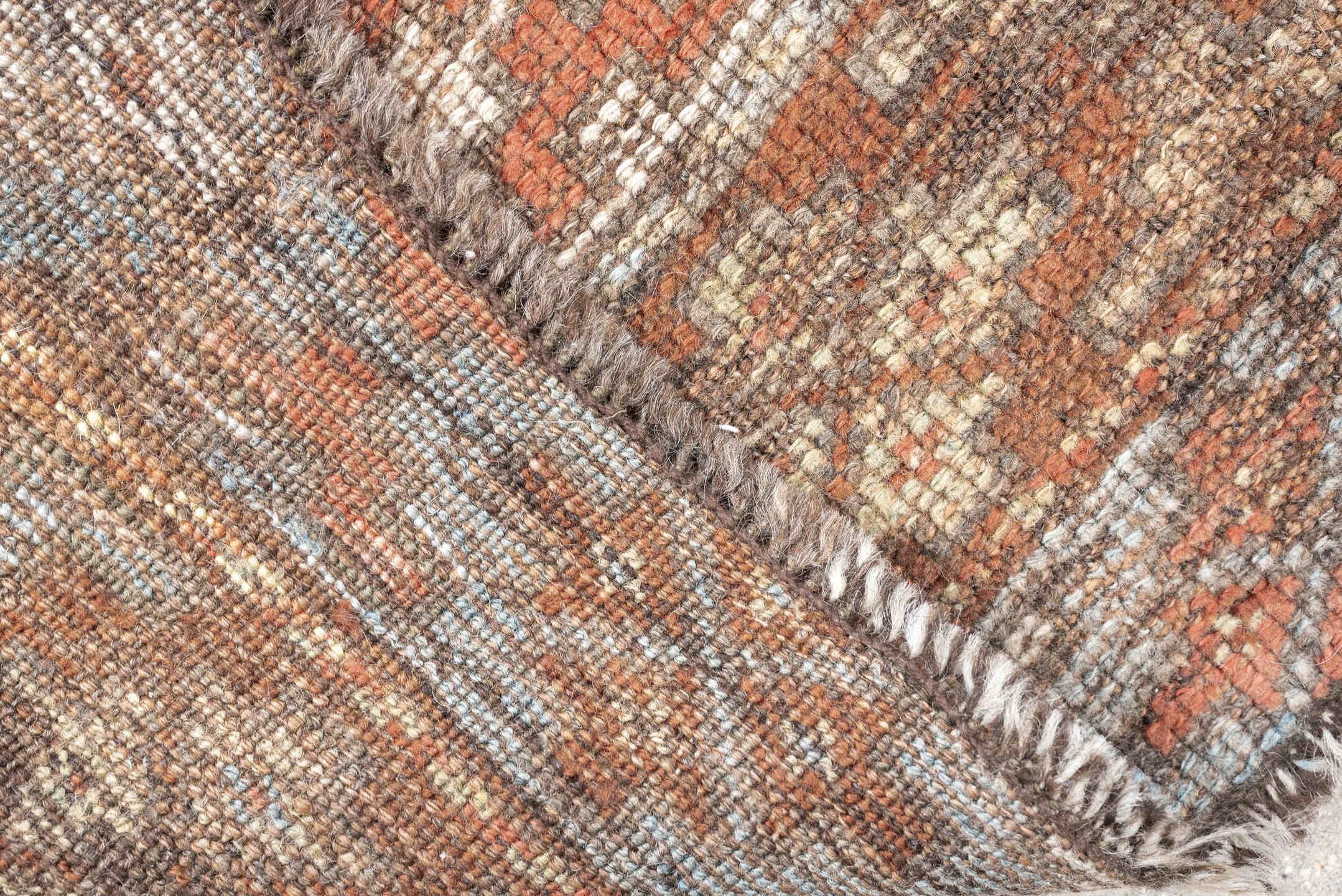 6' x 8' one-of-a-kind handmade antique Shiraz medium size rug. Color palette: blue, rust, ivory, taupe, slate, camel