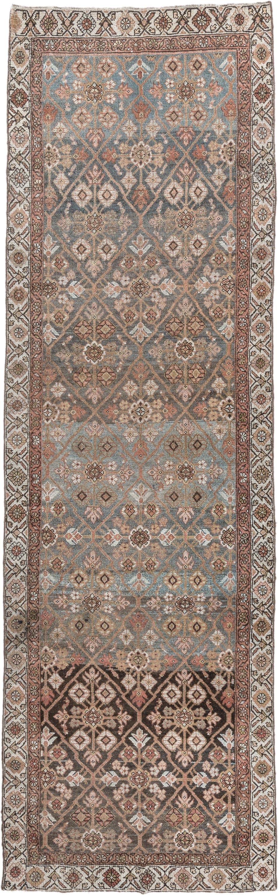 2' x 9' one-of-a-kind handmade antique Hamadan runner rug. Color palette: sky blue, ivory, brown, rose, taupe, charcoal