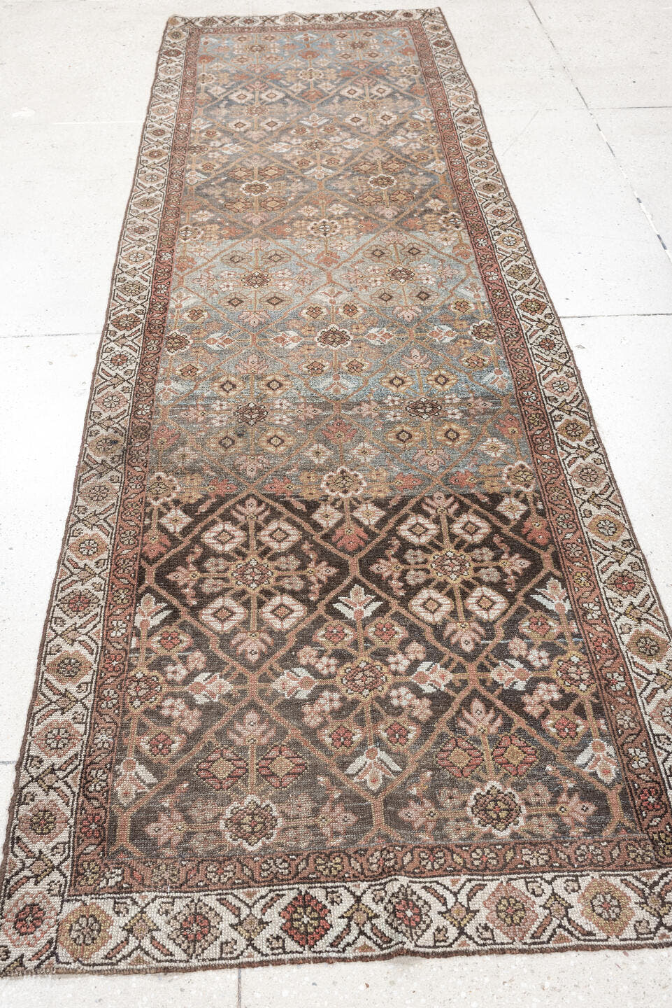 2' x 9' one-of-a-kind handmade antique Hamadan runner rug. Color palette: sky blue, ivory, brown, rose, taupe, charcoal