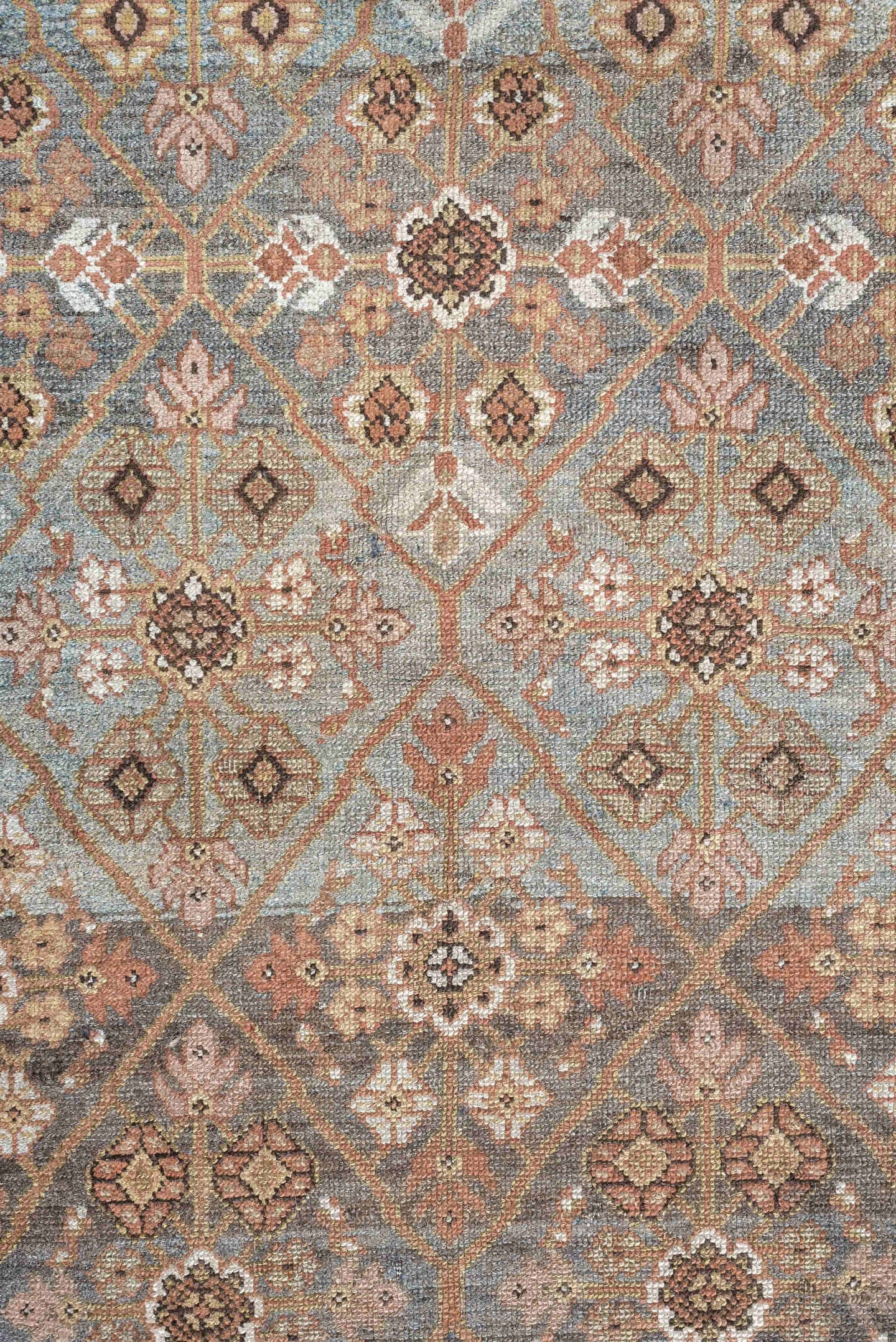 2' x 9' one-of-a-kind handmade antique Hamadan runner rug. Color palette: sky blue, ivory, brown, rose, taupe, charcoal