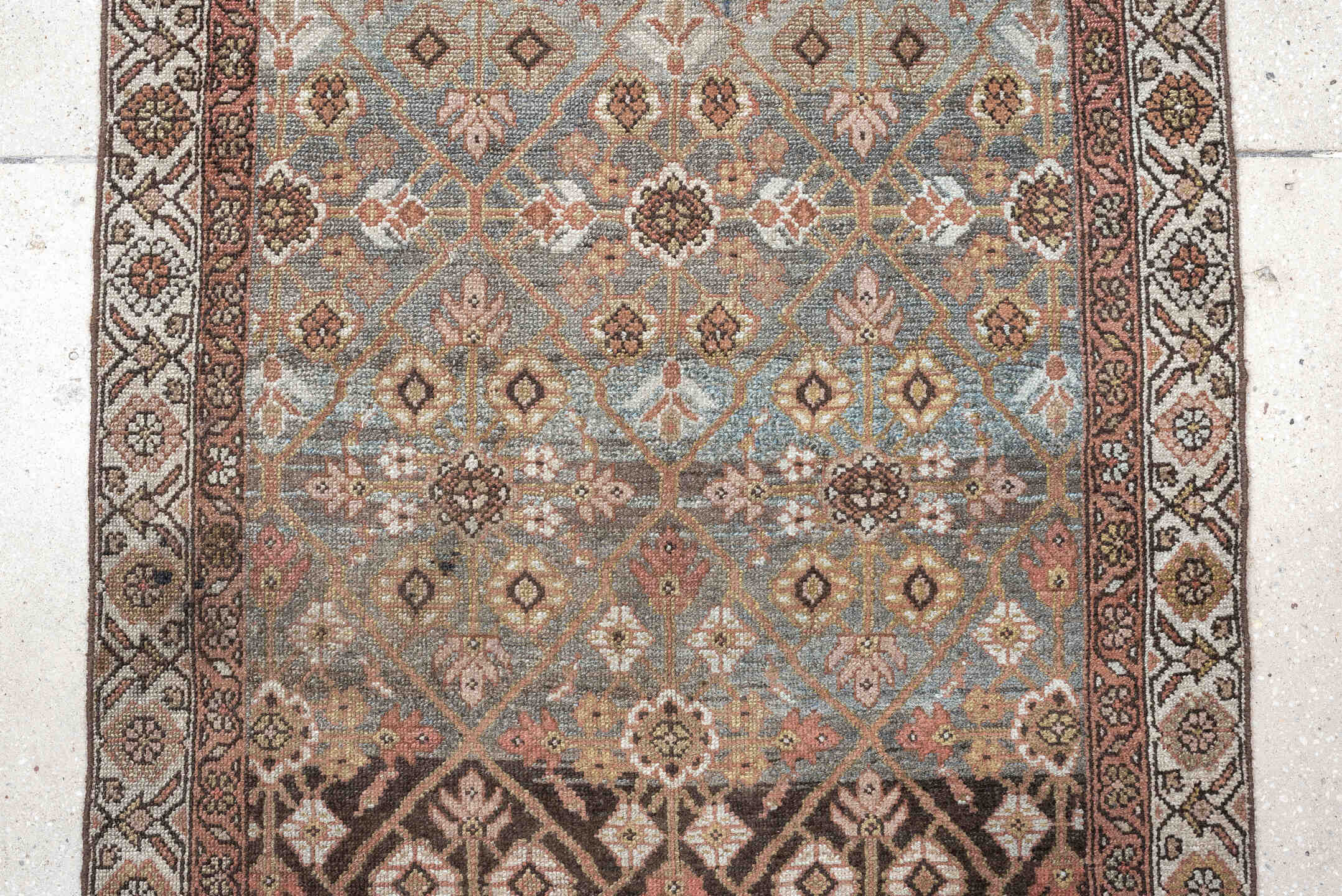 2' x 9' one-of-a-kind handmade antique Hamadan runner rug. Color palette: sky blue, ivory, brown, rose, taupe, charcoal