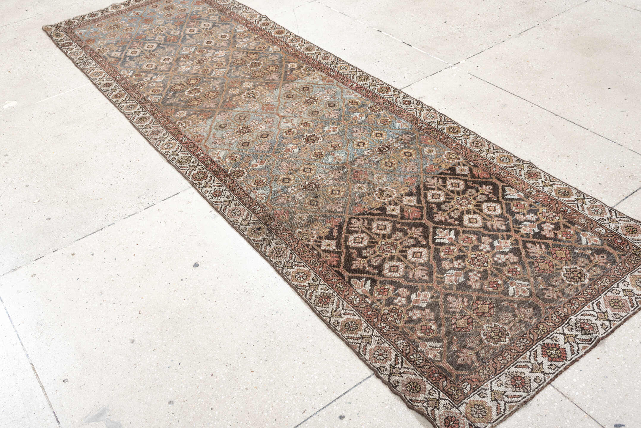 2' x 9' one-of-a-kind handmade antique Hamadan runner rug. Color palette: sky blue, ivory, brown, rose, taupe, charcoal
