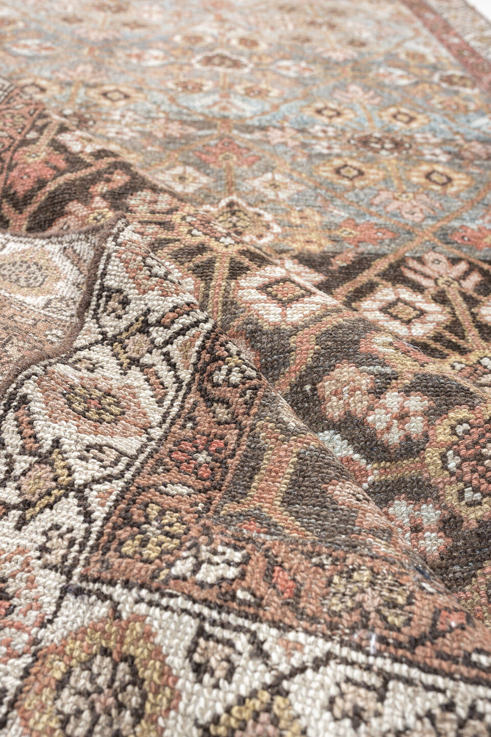 2' x 9' one-of-a-kind handmade antique Hamadan runner rug. Color palette: sky blue, ivory, brown, rose, taupe, charcoal