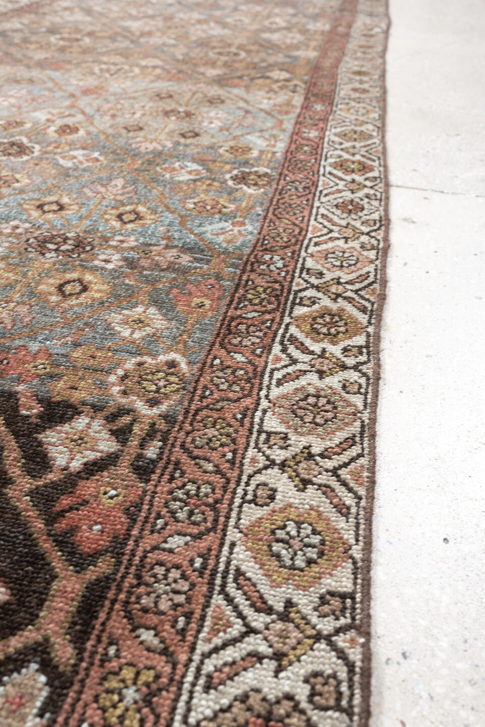 2' x 9' one-of-a-kind handmade antique Hamadan runner rug. Color palette: sky blue, ivory, brown, rose, taupe, charcoal