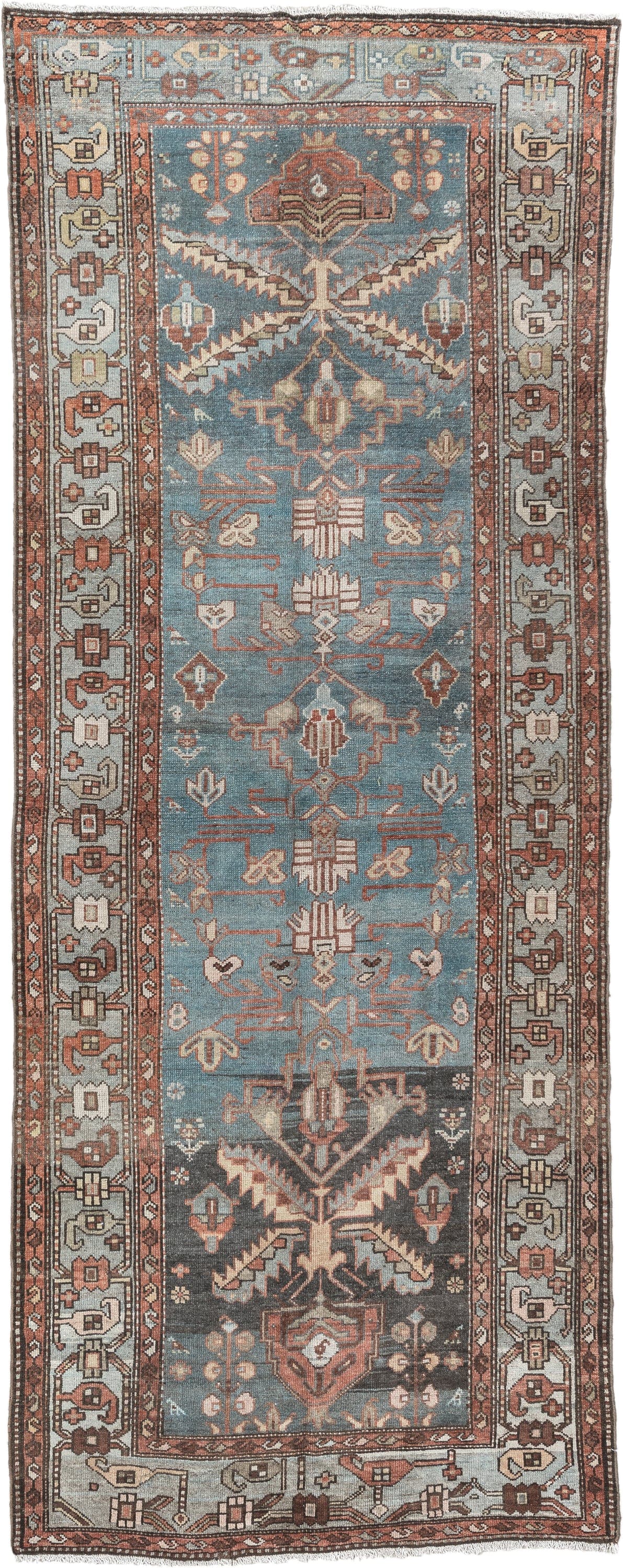 3' x 9' one-of-a-kind handmade antique Hamadan runner rug. Color palette: sky blue, rust, ivory, charcoal, slate, rose