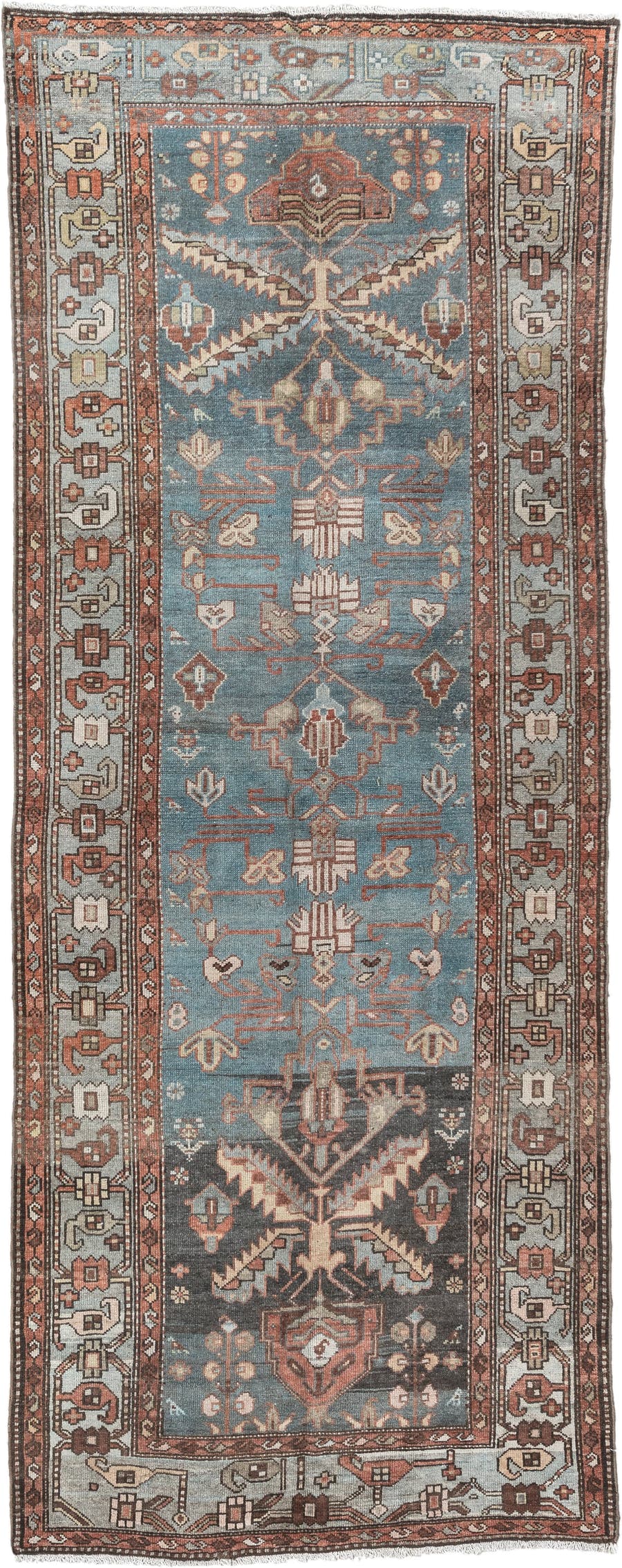 3' x 9' one-of-a-kind handmade antique Hamadan runner rug. Color palette: sky blue, rust, ivory, charcoal, slate, rose