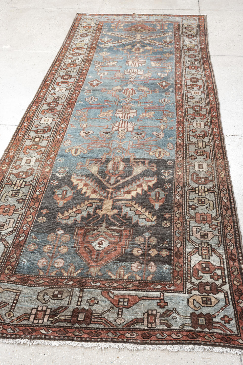 3' x 9' one-of-a-kind handmade antique Hamadan runner rug. Color palette: sky blue, rust, ivory, charcoal, slate, rose